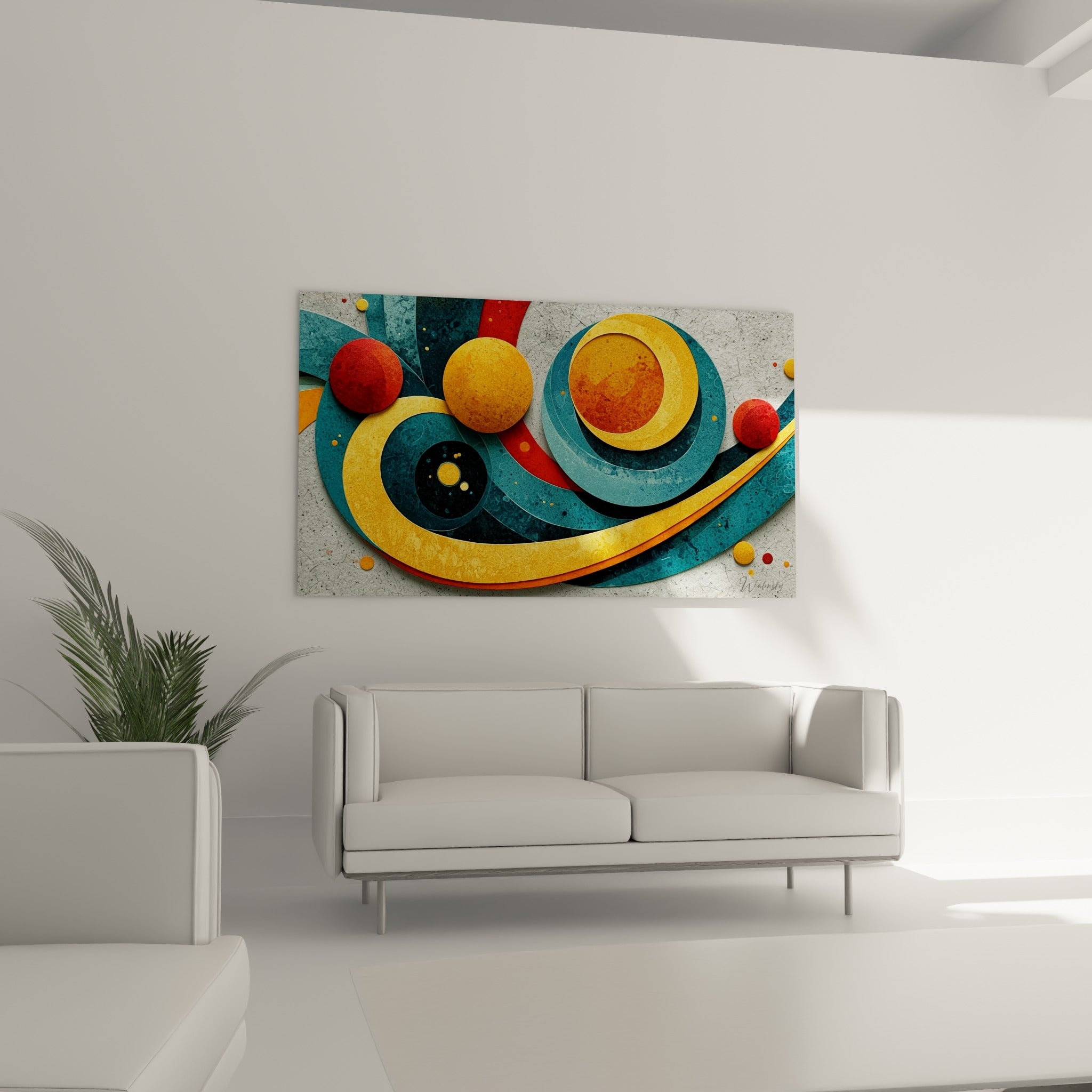 Tourbillon doré et bleu pétrole d'un tableau géometrique abstrait au-dessus d'un canapé dans un salon lumineux