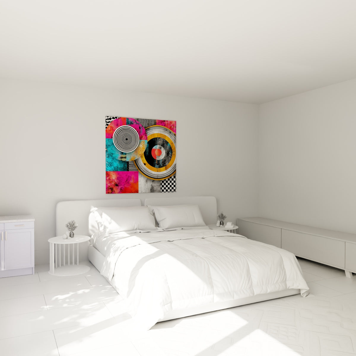 Composition circulaire géométrique abstrait rose et anthracite au-dessus d'un lit dans une chambre claire