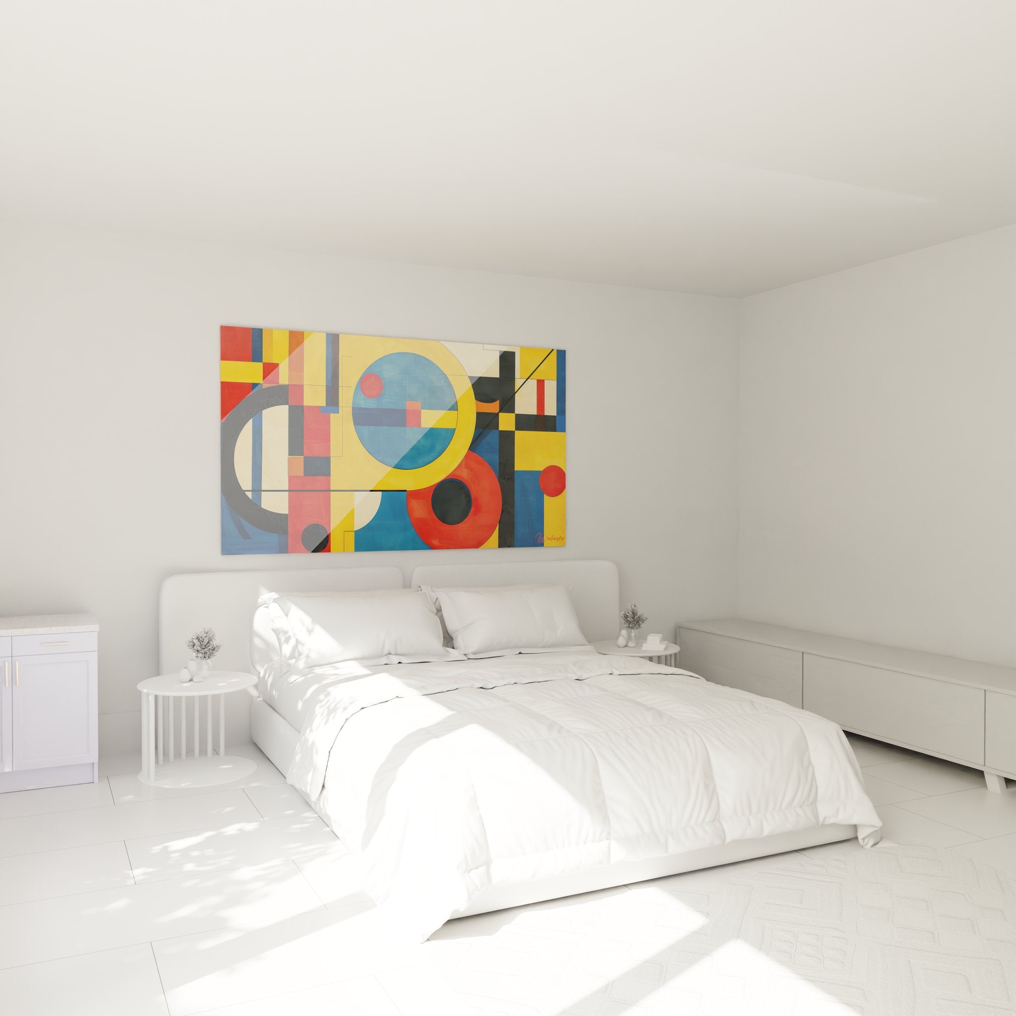 Tableau géométrique abstrait coloré décorant une chambre moderne avec formes circulaires et rectangulaires