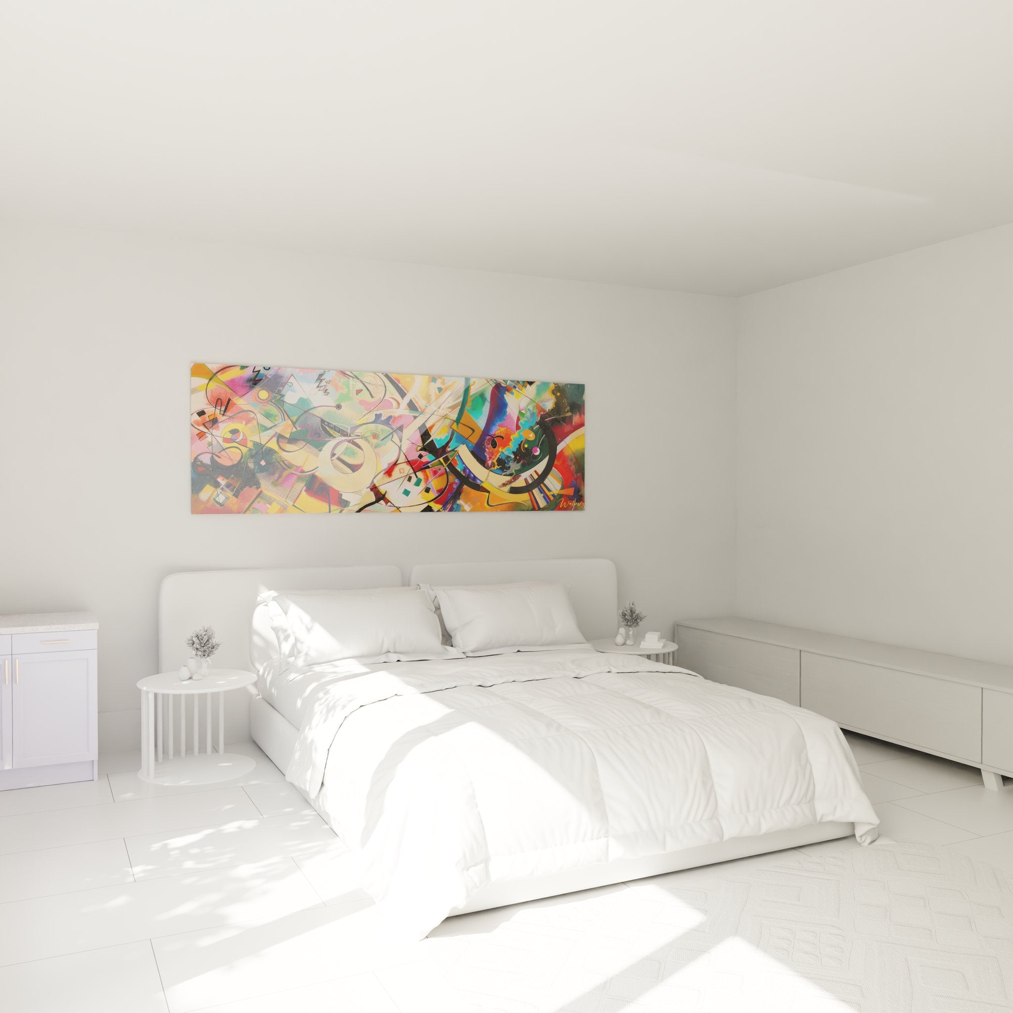 Tableau géométrique abstrait coloré installé dans chambre moderne pour ambiance décorative contemporaine