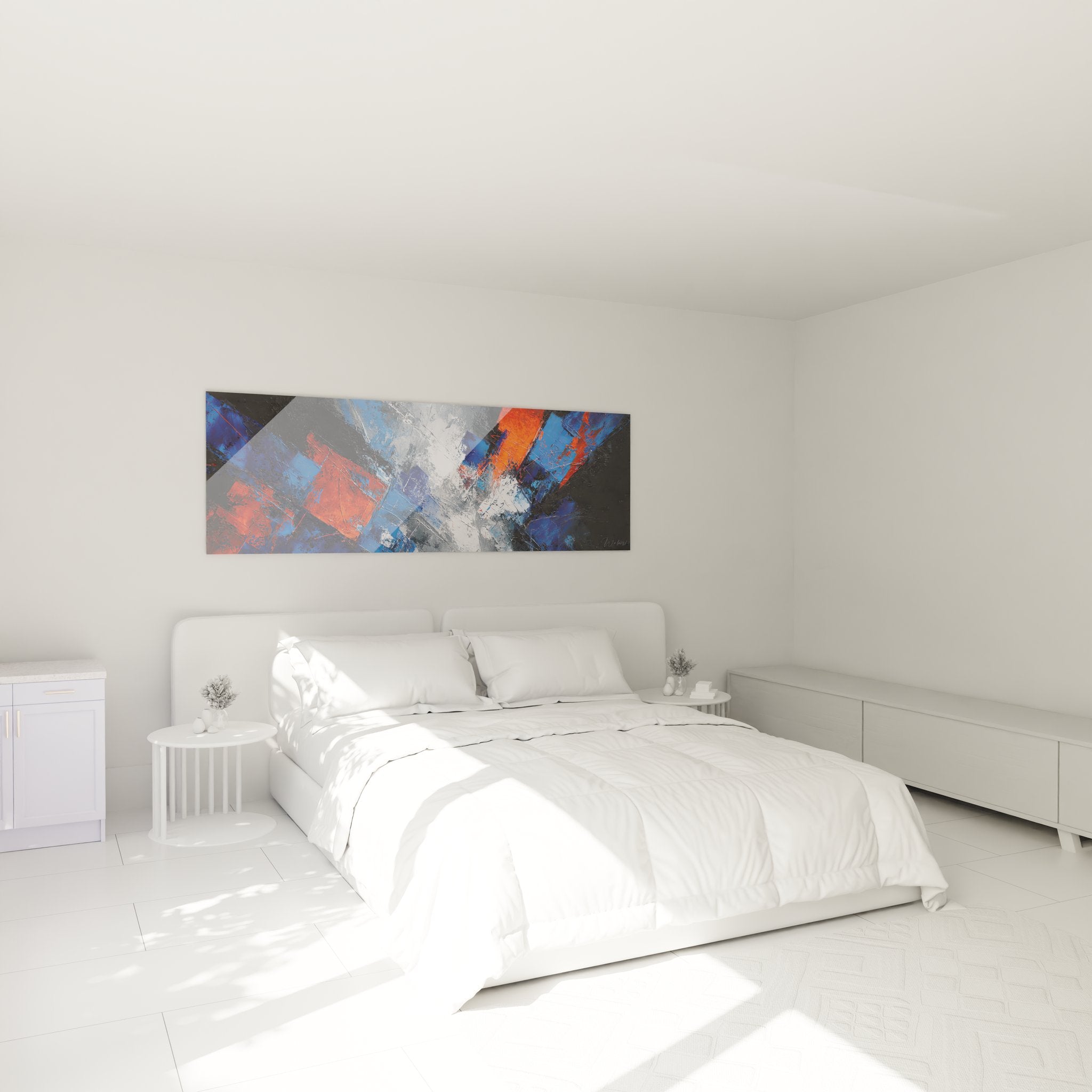 Tableau géométrique abstrait décorant une chambre moderne avec couleurs rouge et bleu contrastées