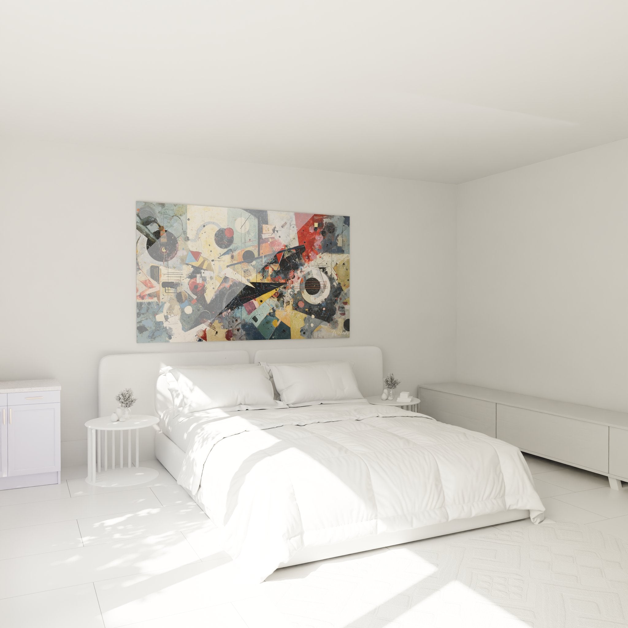Tableau abstrait géométrique décorant une chambre moderne avec ambiance contemporaine
