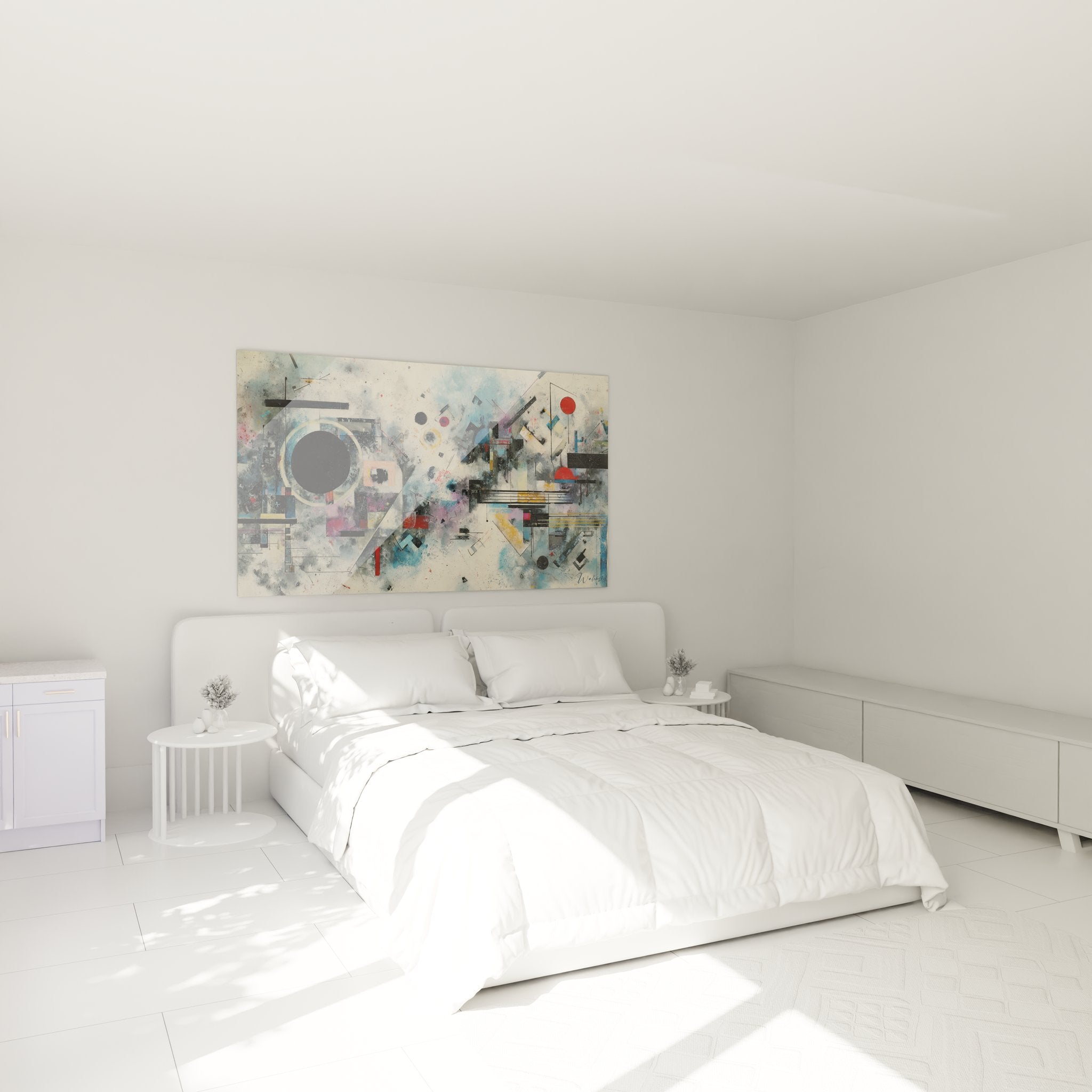 Ambiance chambre avec tableau abstrait géométrique décoratif aux tons bleus et colorés