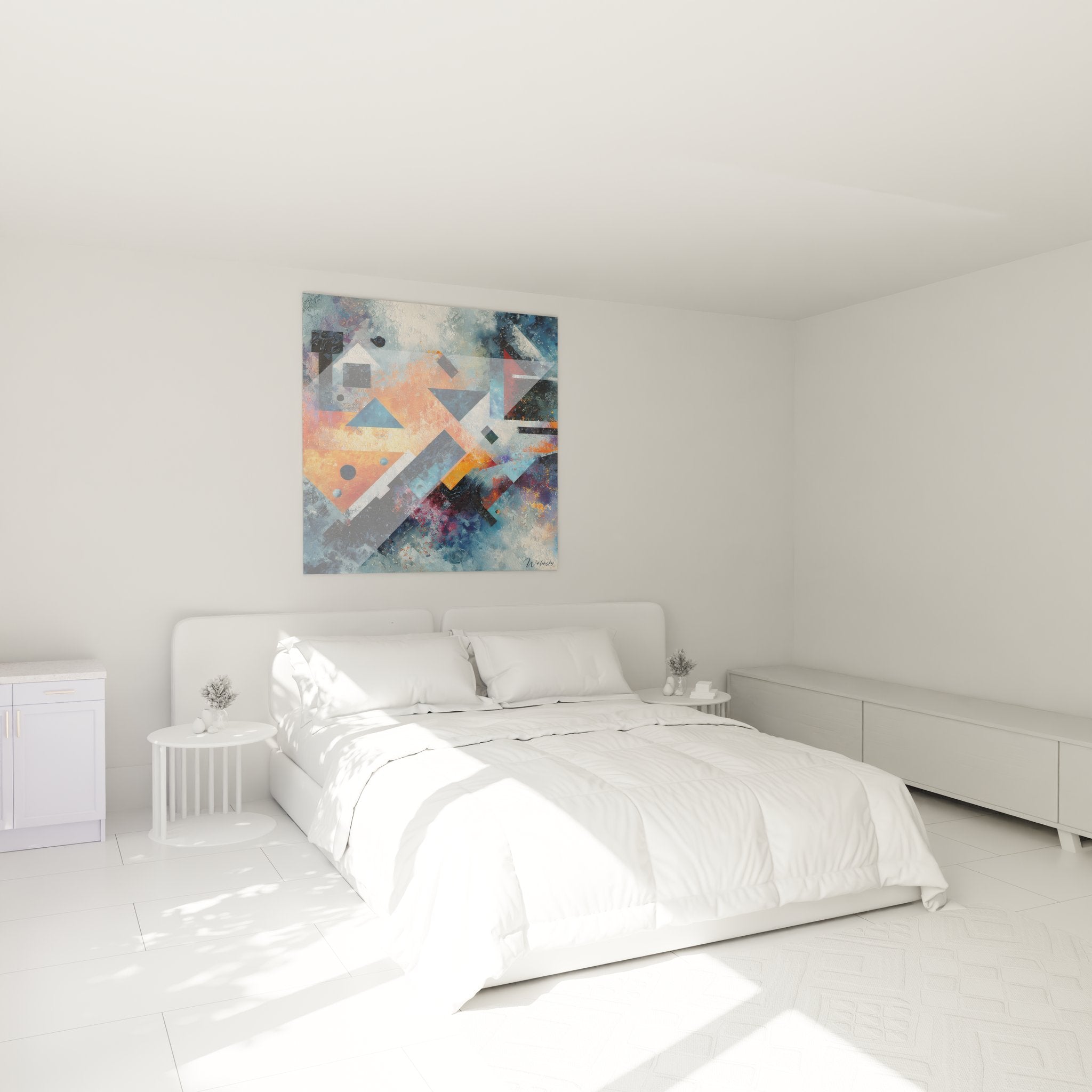 Tableau géométrique abstrait coloré dans chambre moderne, décoration murale contemporaine