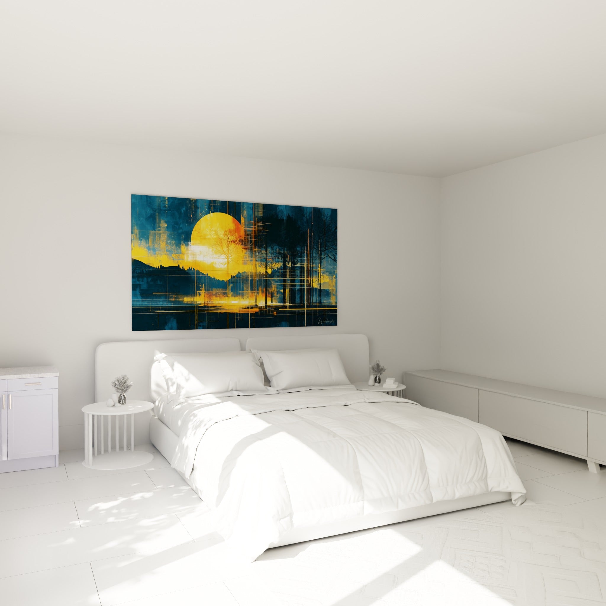 Soleil orange et bleu marine d'un tableau géometrique abstrait, accroché au-dessus d'un lit dans une chambre claire
