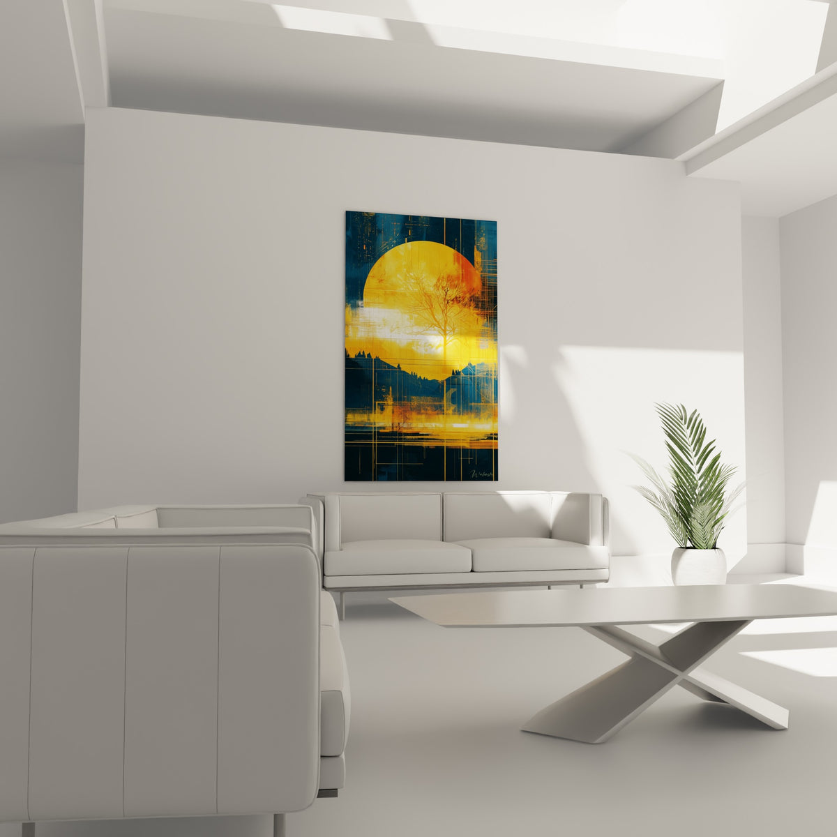Paysage bleu marine et doré de ce tableau géométrique abstrait au-dessus d'un canapé dans un salon lumineux