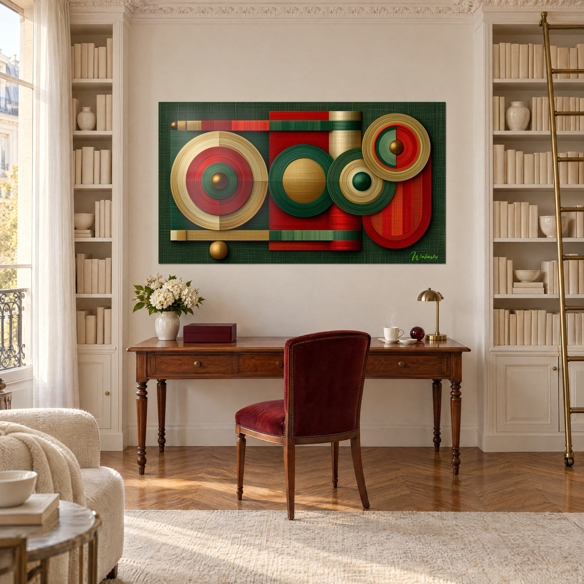 Tableau mosaïque de cercles emboîtés verts, rouges et or, bureau en bois, fauteuil bordeaux et bibliothèque à échelle, haussmannien