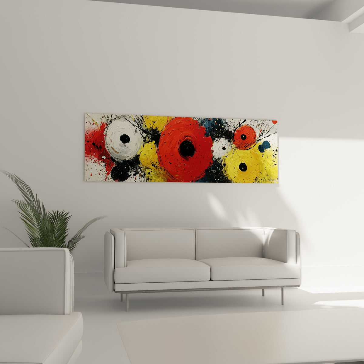 Disques rouge et jaune doré aux coulures noires, tableau géométrique abstrait au-dessus d'un canapé dans un salon lumineux