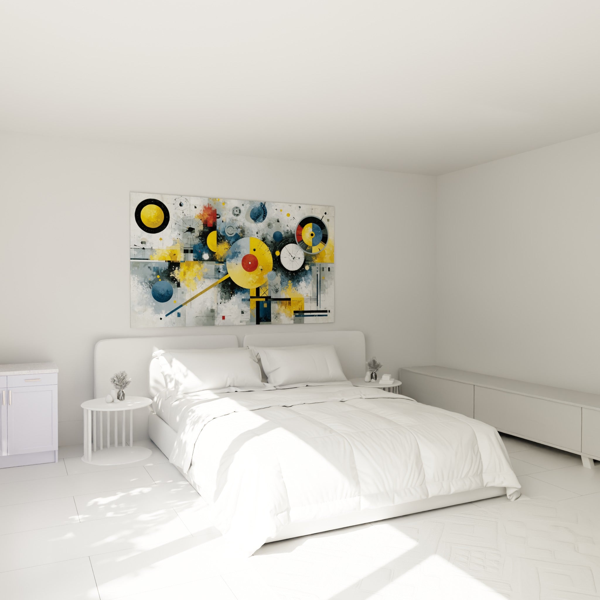 Disques mécaniques jaunes et bleu marine accrochés au-dessus d'un lit dans une chambre claire
