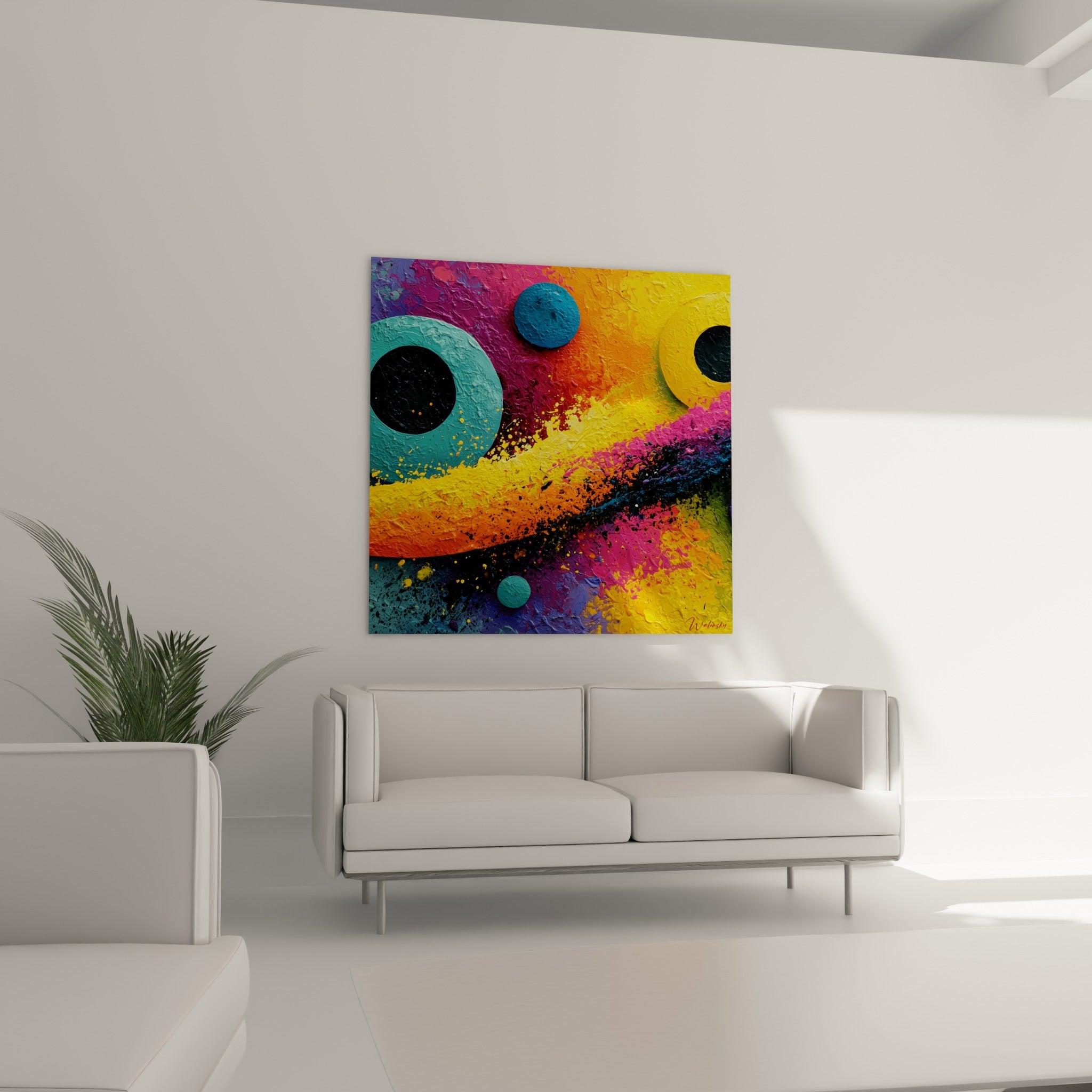 Éclaboussures orange et bleu pétrole de ce tableau géométrique abstrait, au-dessus d'un canapé dans un salon lumineux