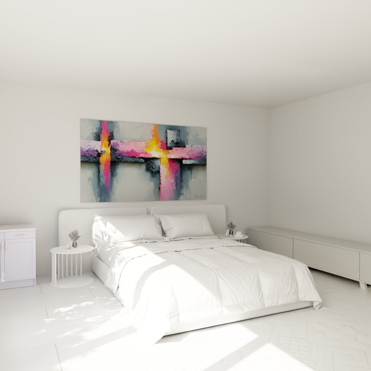 Éclats dorés et roses traversant un fond anthracite texturé, au-dessus d'un lit dans une chambre claire