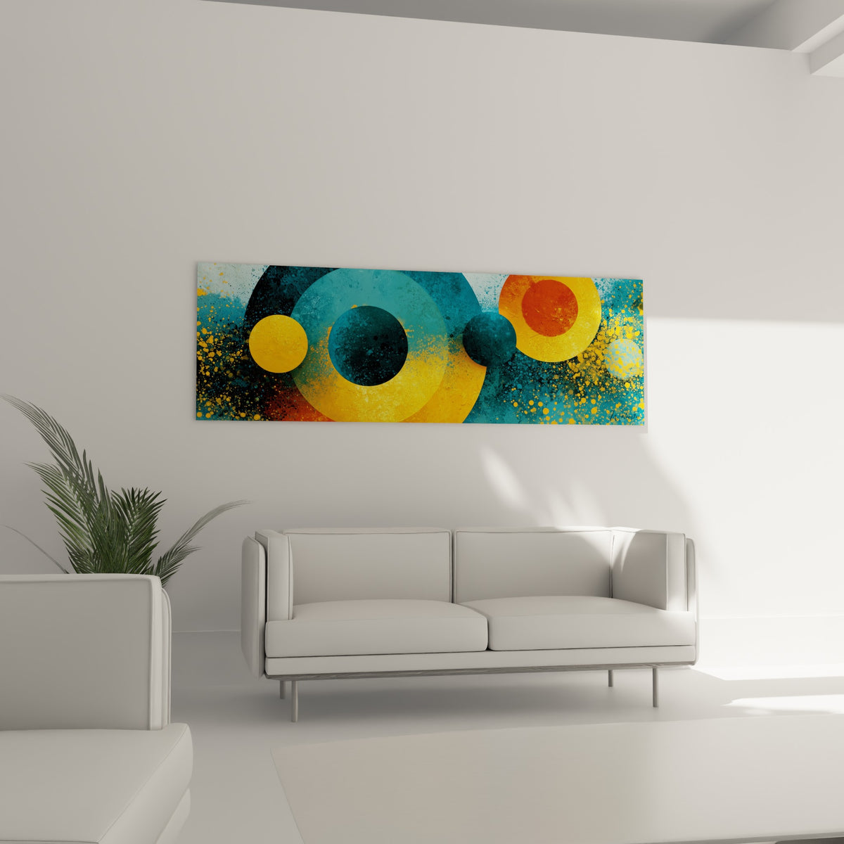 Éclipse de cercles ocre et bleu sarcelle, tableau géométrique abstrait au-dessus d'un canapé dans un salon lumineux