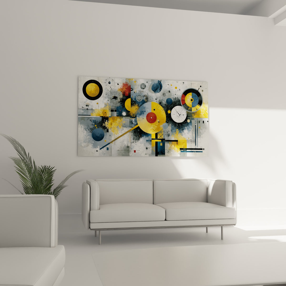 Engrenages stylisés jaune et anthracite disposés au-dessus d'un canapé dans un salon lumineux