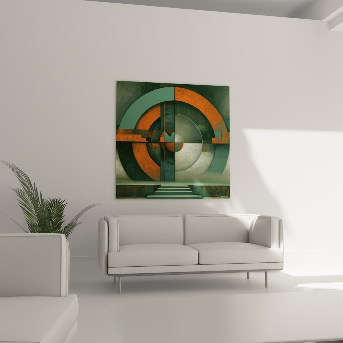 Composition géometrique abstrait anthracite et orange traversée d'un escalier, au-dessus d'un canapé dans un salon lumineux