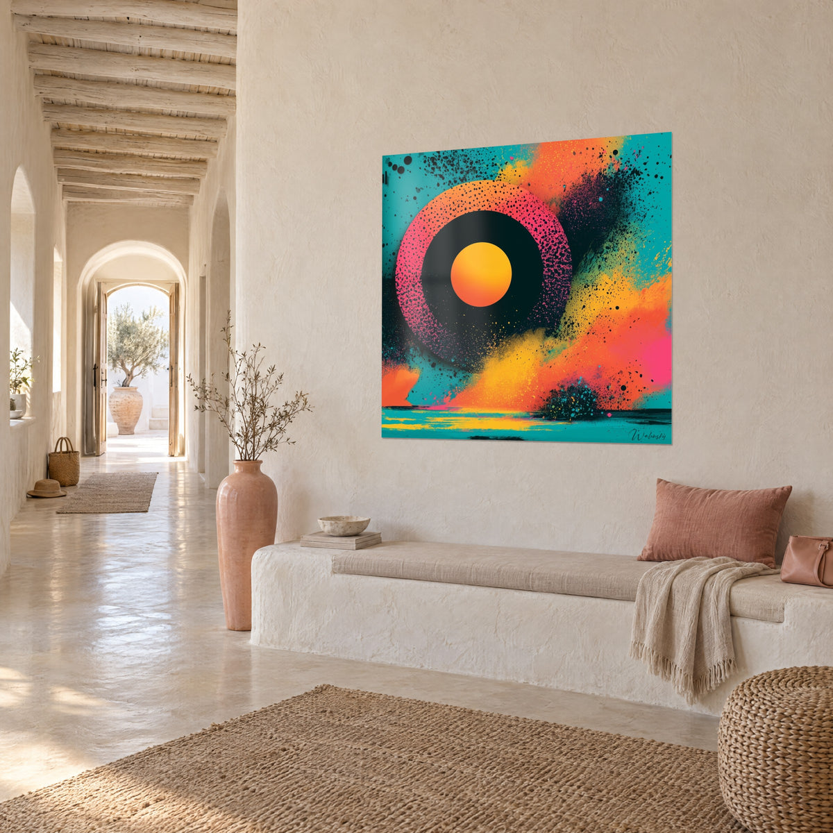 Schilderij gele geometrische zon in een zwarte cirkel, wolken van koraal- en roze poeder, op de gekalkte muur van een gewelfde gang