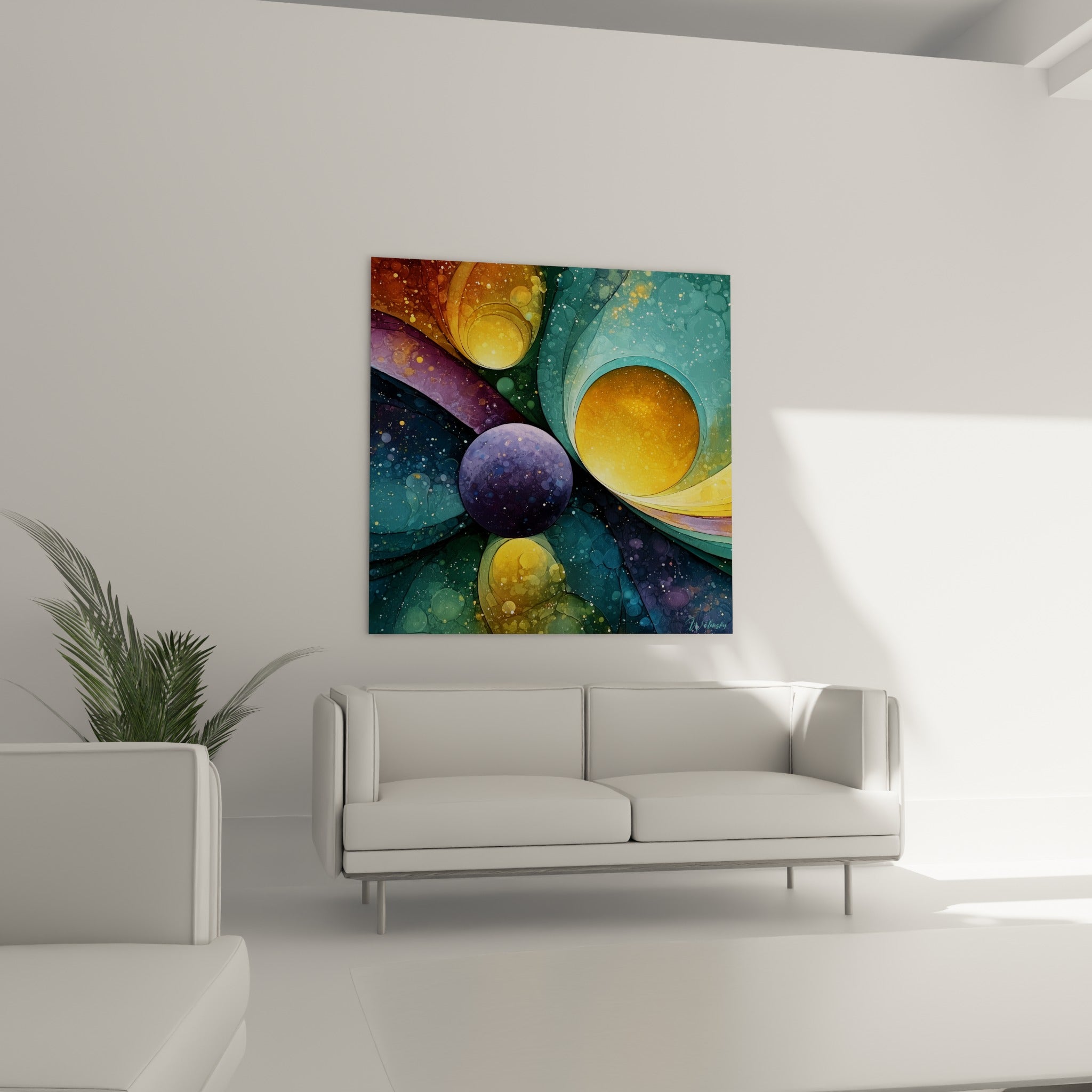 Composition cosmique dorée et bleu turquoise du tableau géométrique abstrait au-dessus d'un canapé dans un salon lumineux
