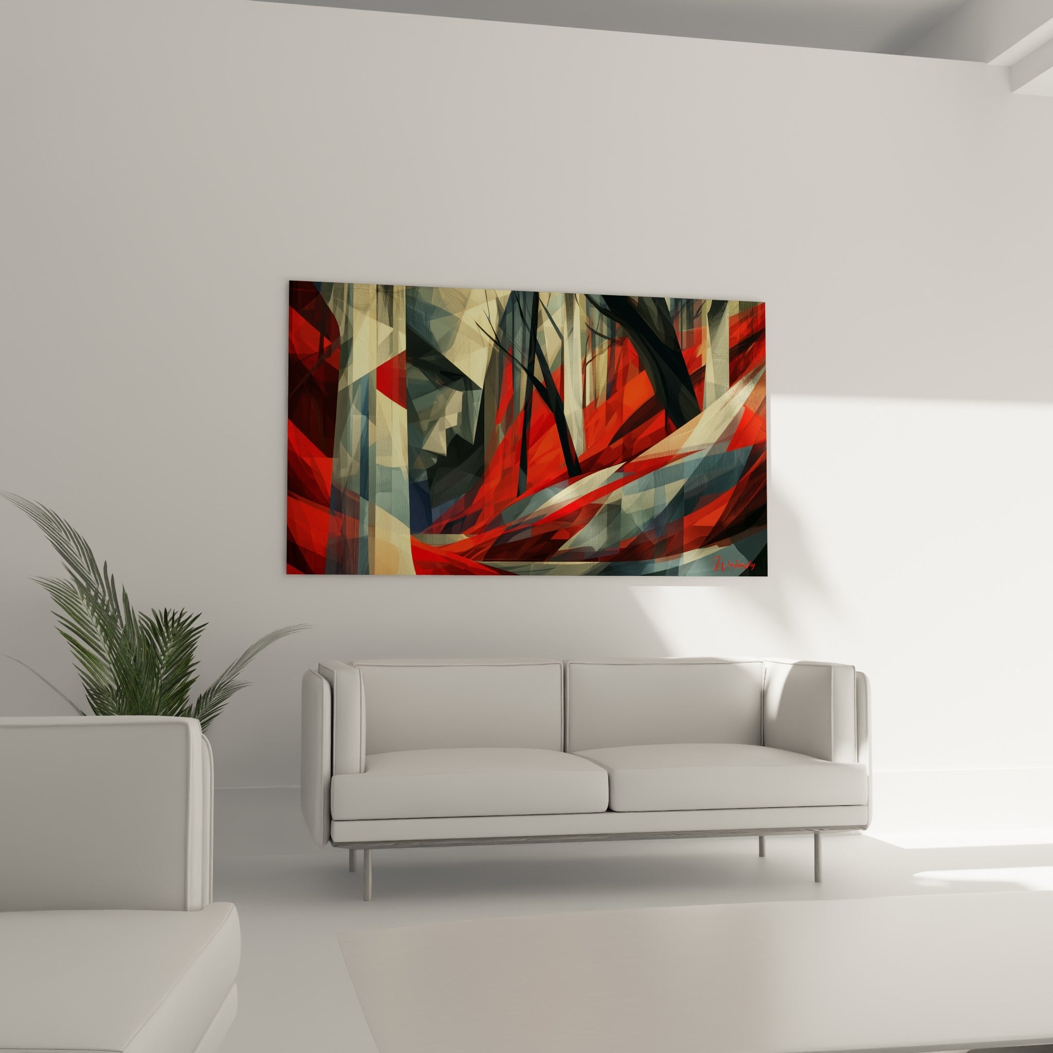 Forêt géometrique rouge et anthracite au-dessus d'un canapé dans un salon lumineux