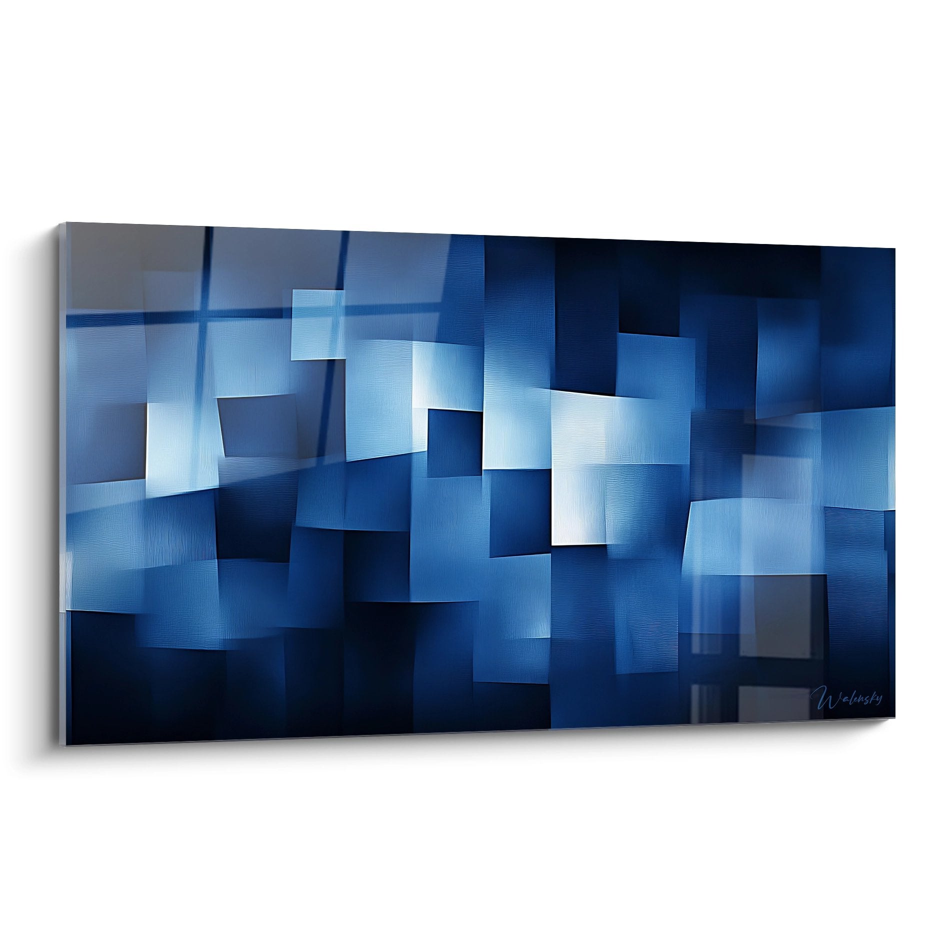 Tableau géométrique abstrait formes bleues cubiques transparentes art moderne mural