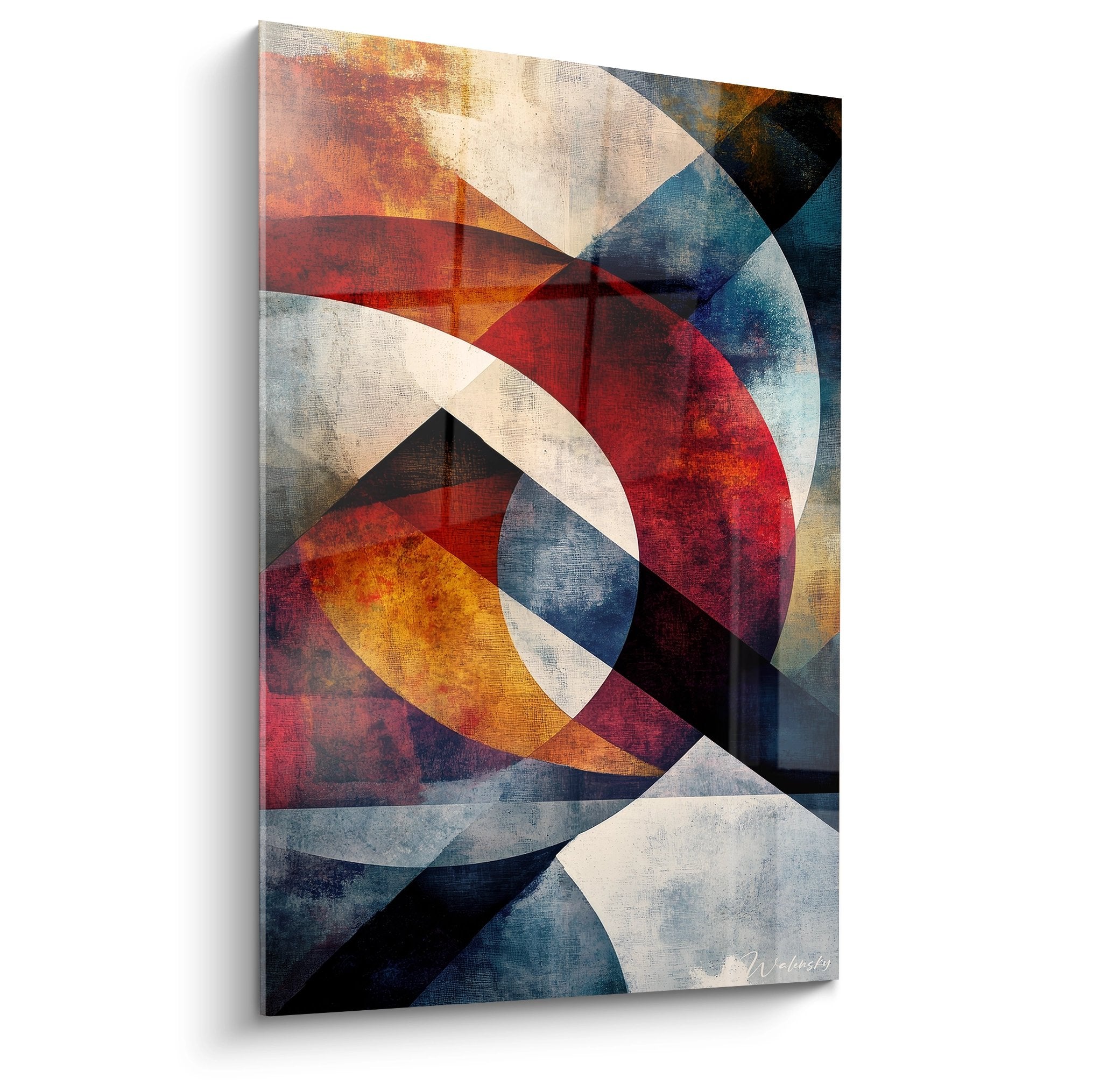 Tableau géométrique abstrait avec formes circulaires colorées en rouge, bleu et orange sur toile moderne