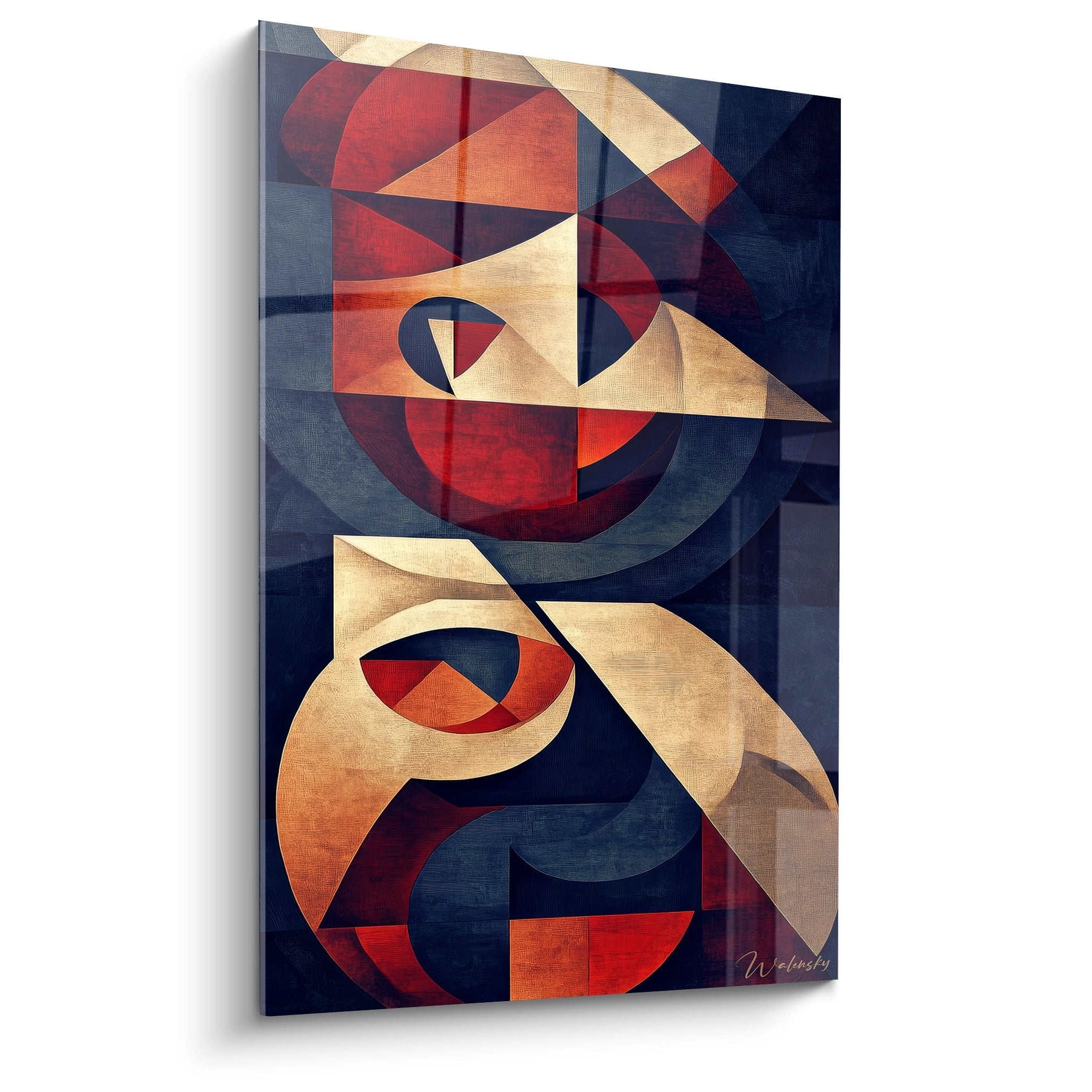 Tableau géométrique abstrait formes circulaires entrelacées rouge bleu beige art mural moderne