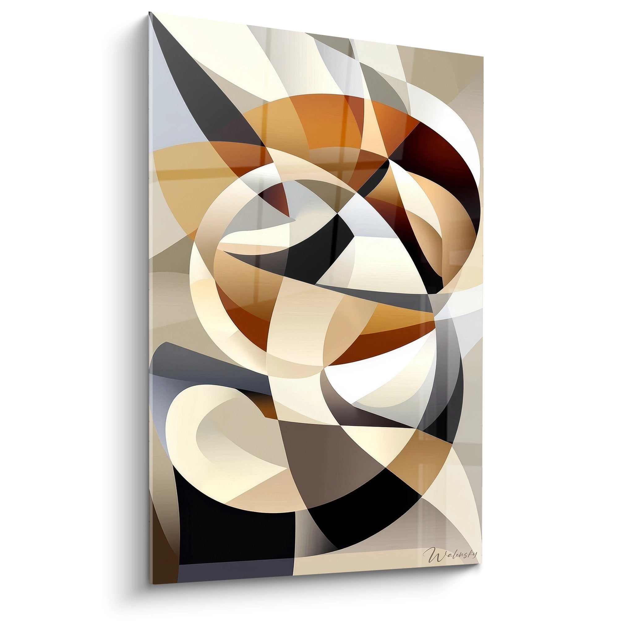 Tableau mural géométrique abstrait avec formes circulaires entrelacées oranges et grises sur fond clair