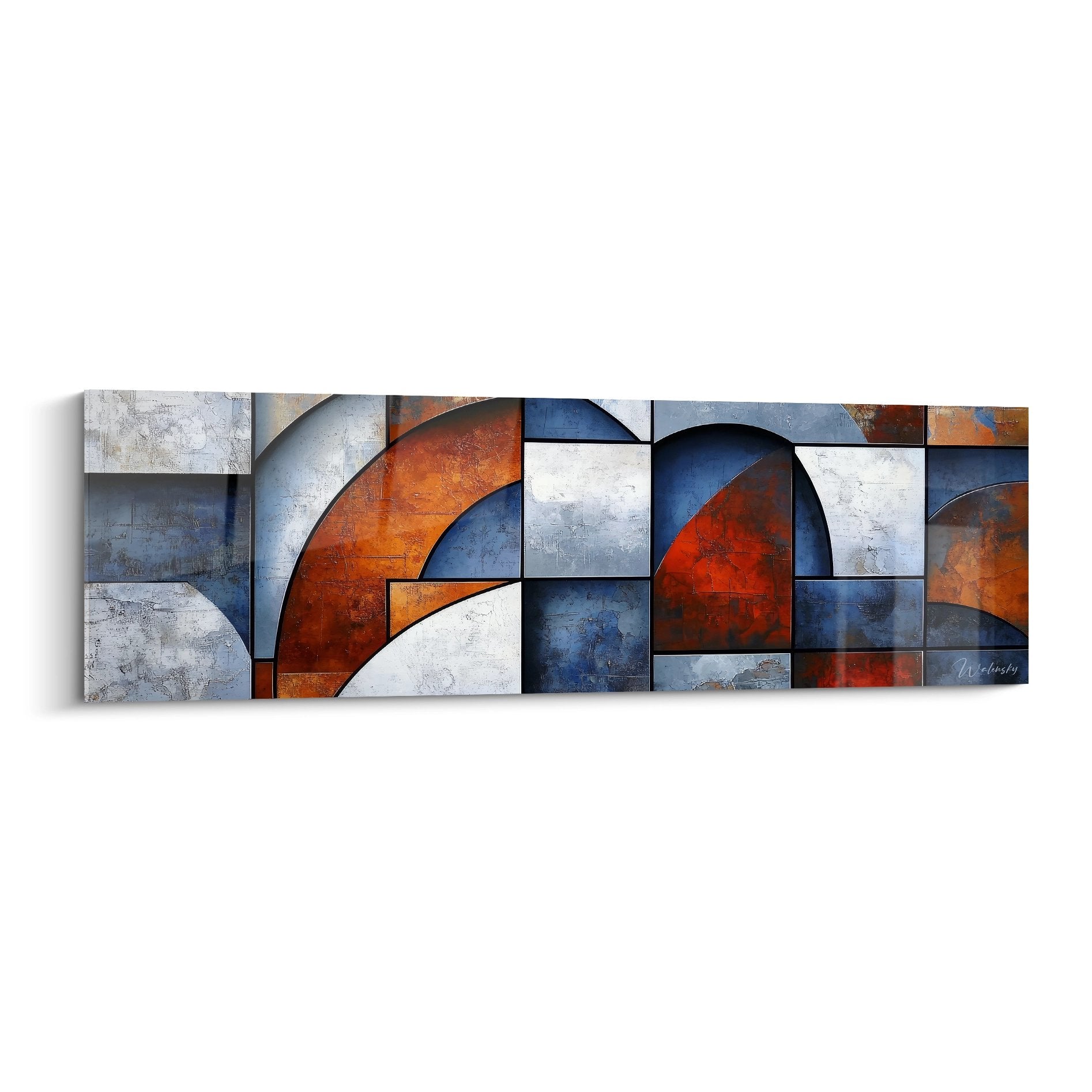 Tableau géométrique abstrait avec formes circulaires bleu orange et blanc sur toile moderne