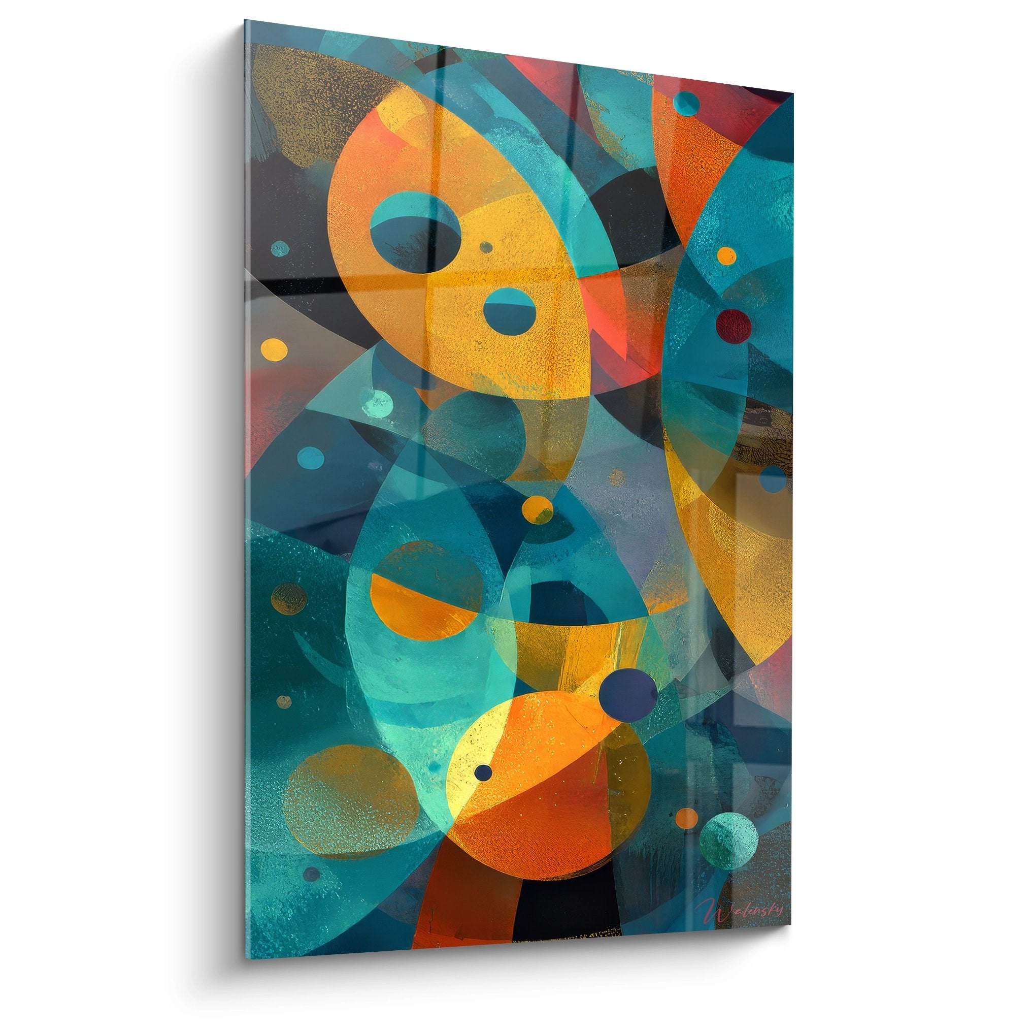 Tableau géométrique abstrait aux formes colorées orange et bleues, art mural moderne pour décoration contemporaine