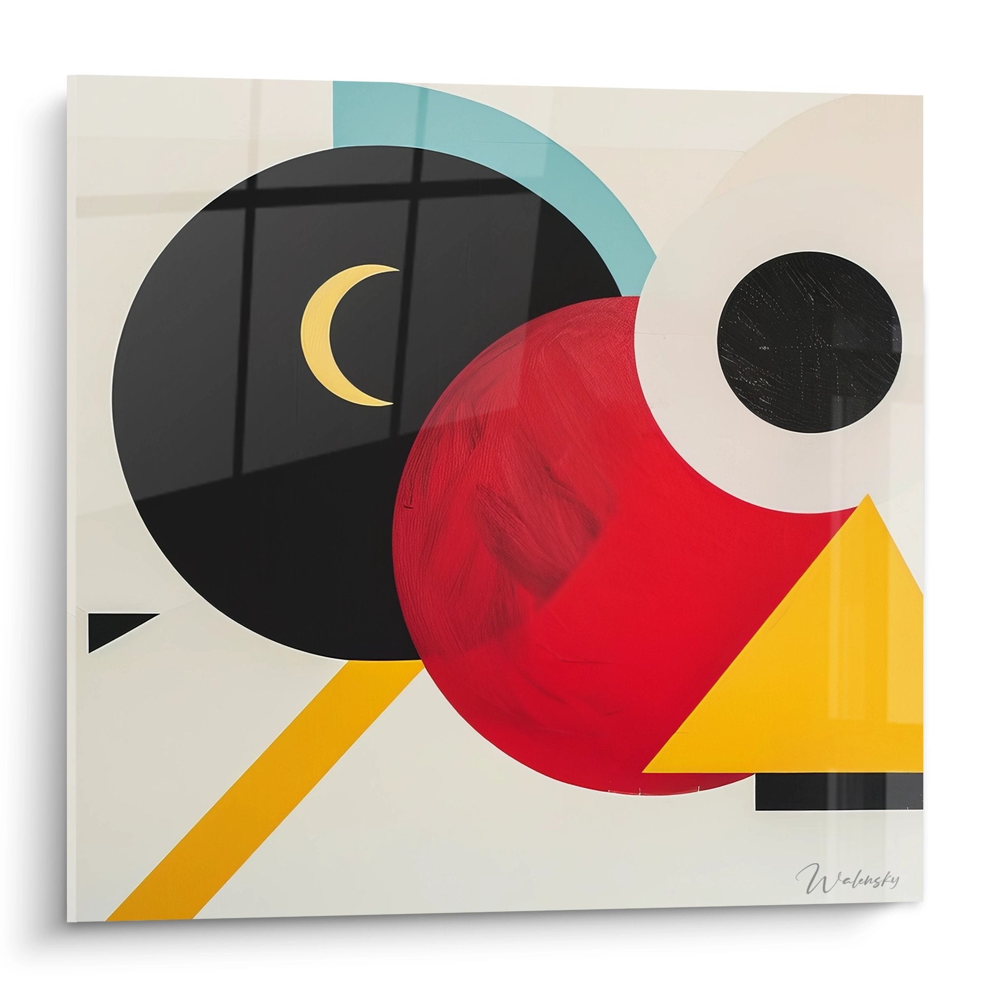 Tableau géométrique abstrait aux formes colorées cercles rouge noir jaune sur fond beige art mural moderne