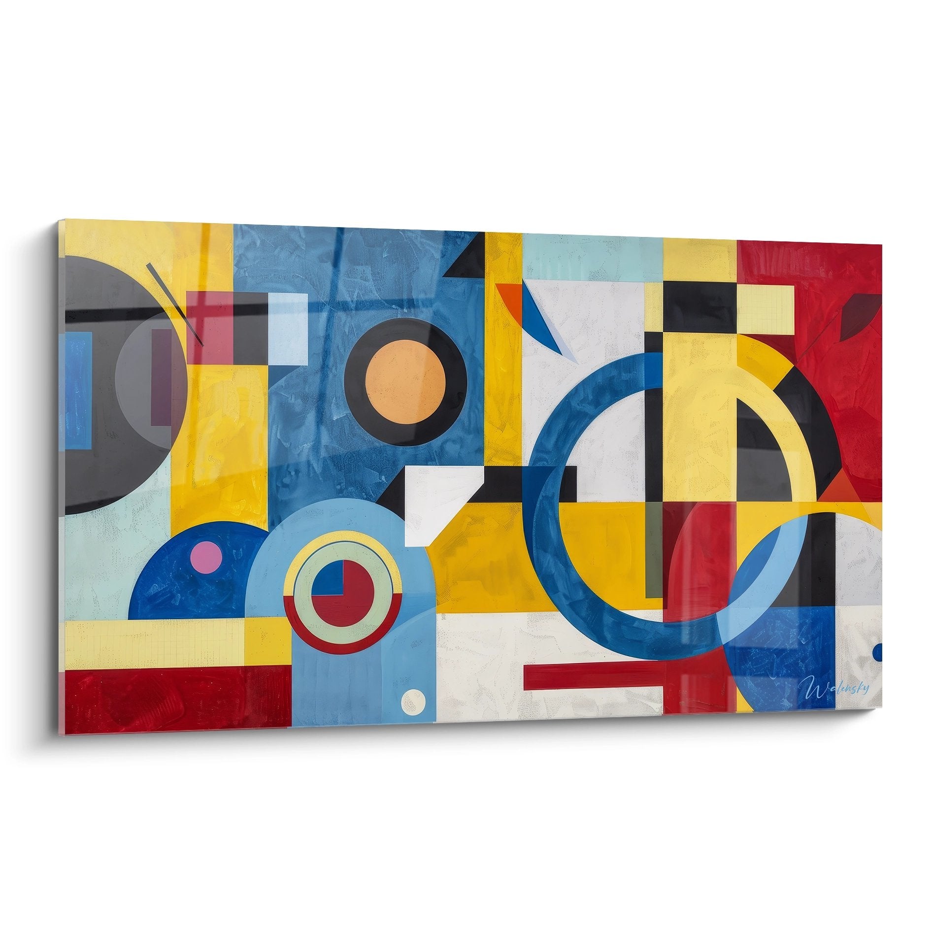 Tableau géométrique abstrait coloré avec cercles et carrés bleus jaunes rouges sur toile moderne