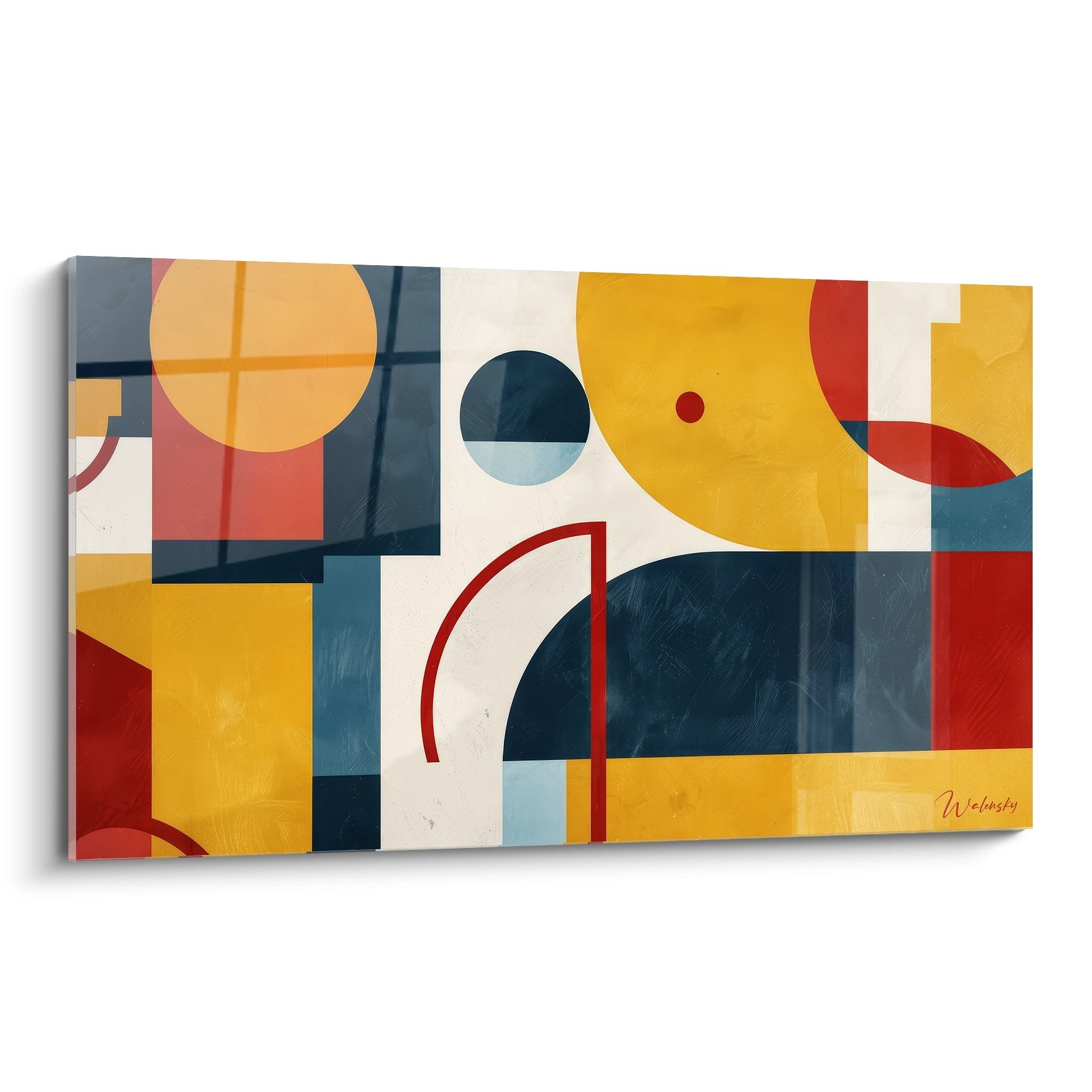 Tableau géométrique abstrait avec formes colorées circulaires et rectangulaires en tons ocre, bleu et rouge