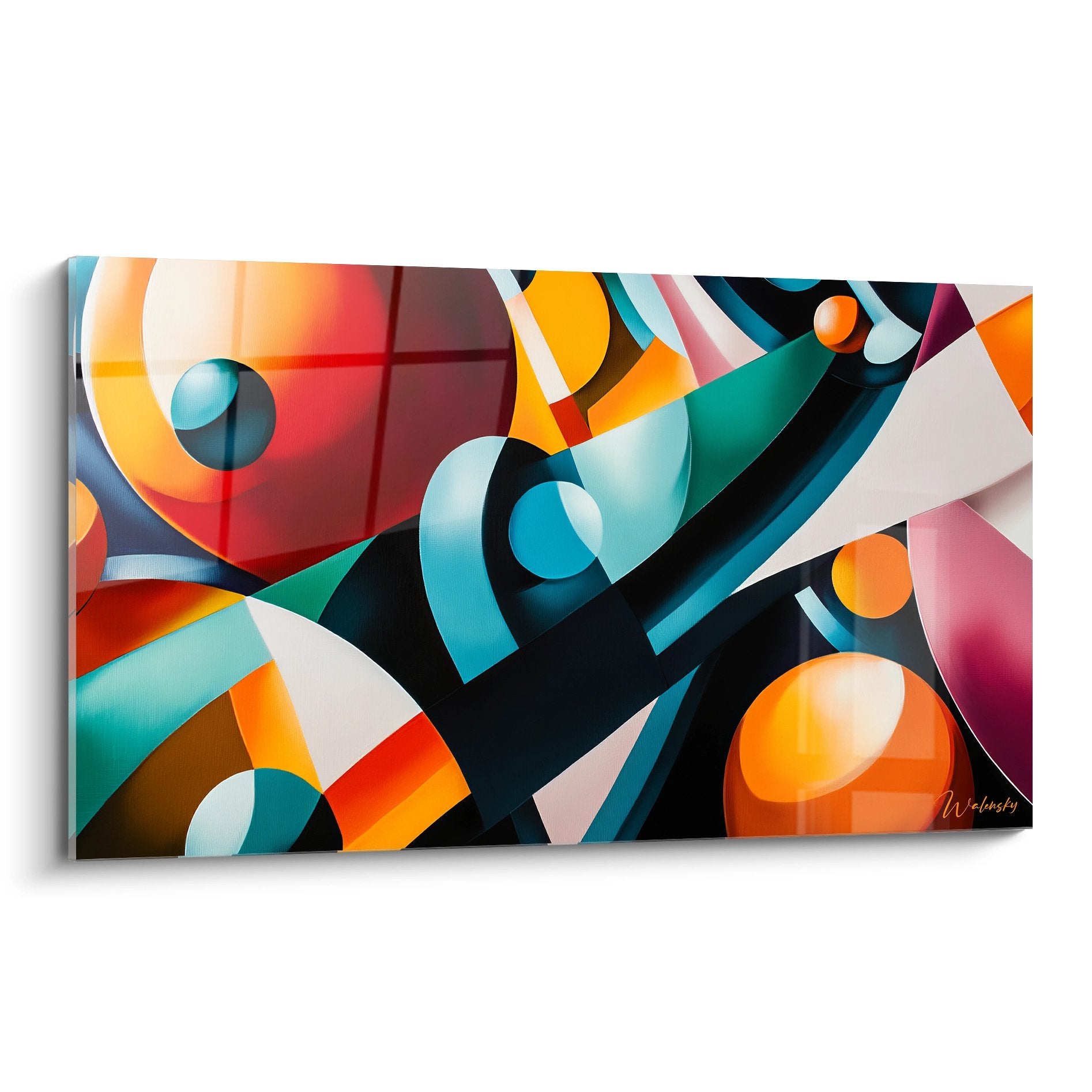 Tableau géométrique abstrait avec formes colorées entremêlées, art mural moderne aux tons orange et bleu