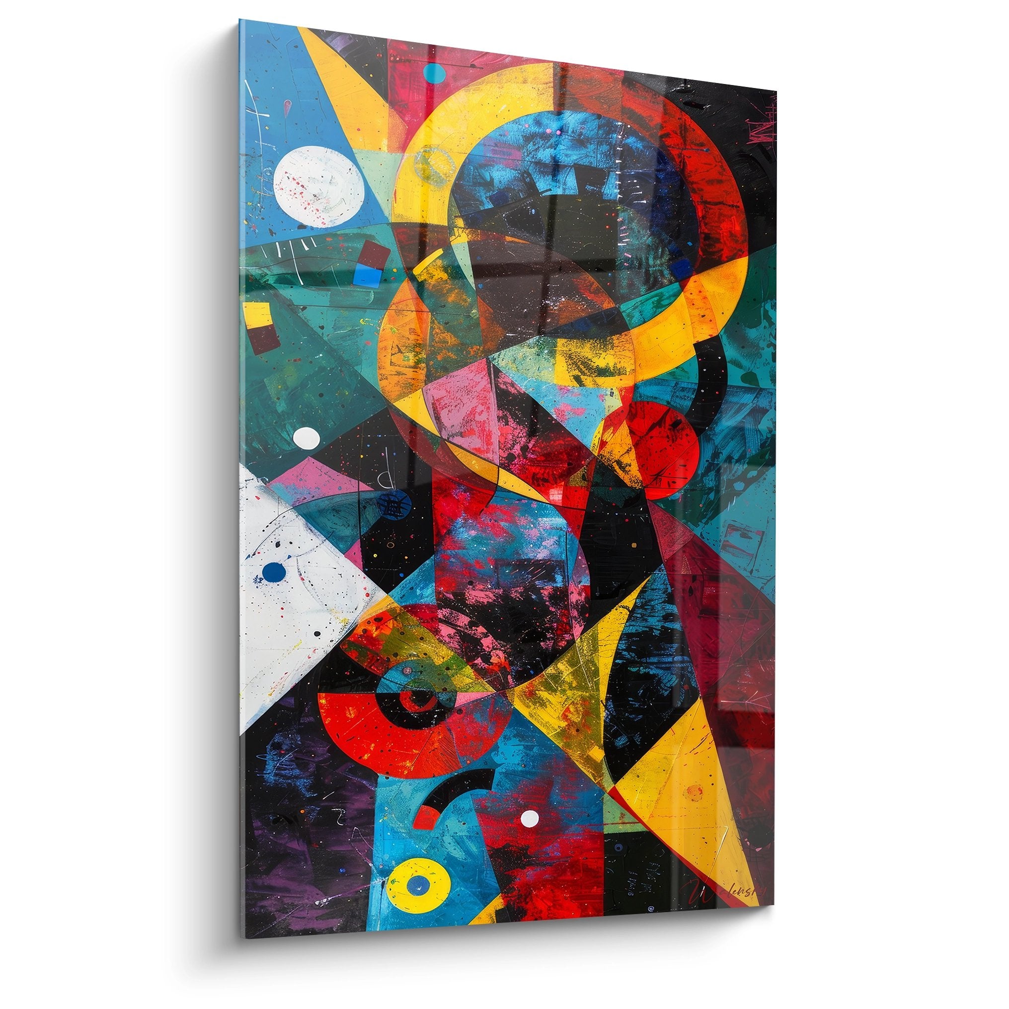 Tableau géométrique abstrait aux formes colorées cercles triangles composition moderne