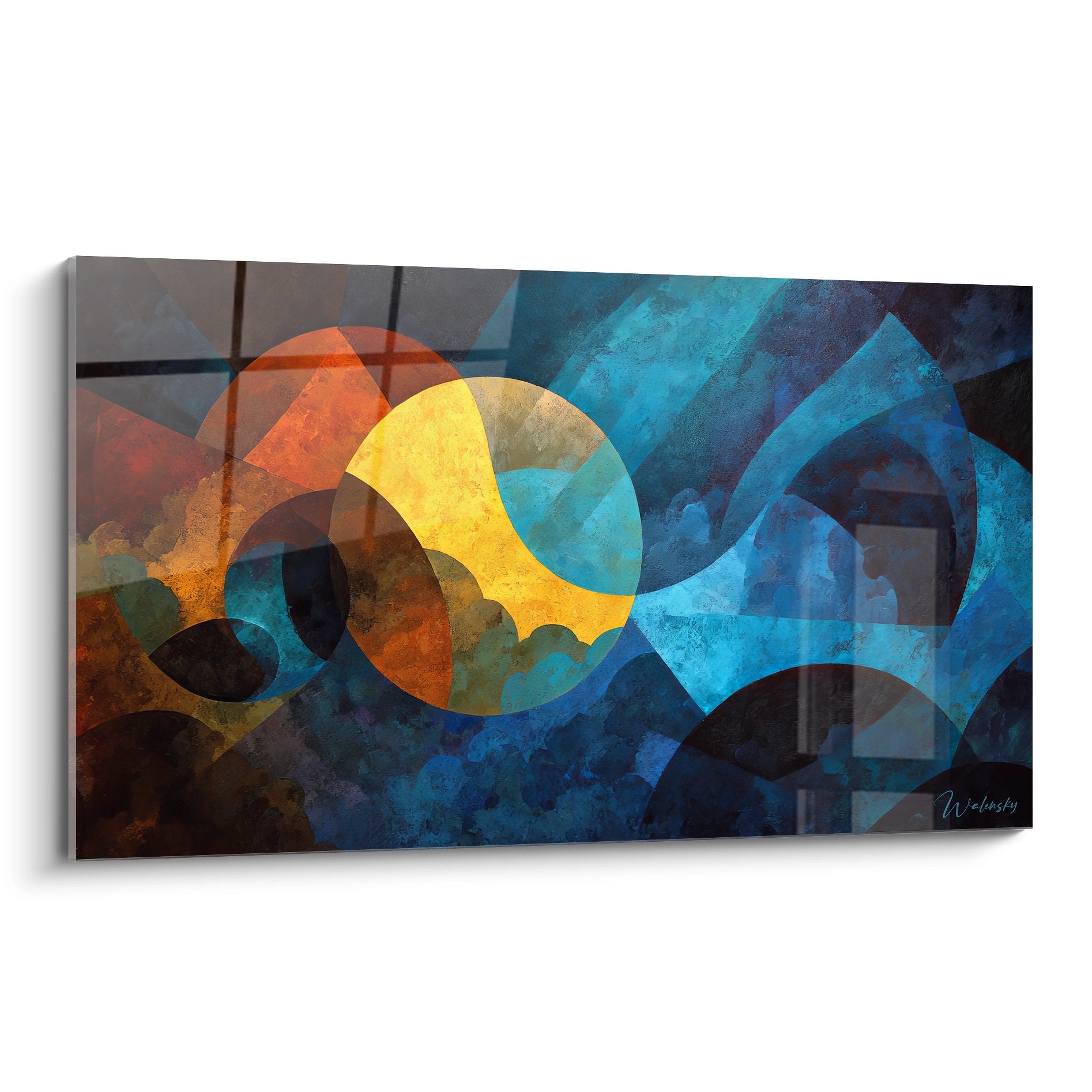 Tableau géométrique abstrait aux formes colorées circulaires orange bleu jaune pour décoration murale moderne