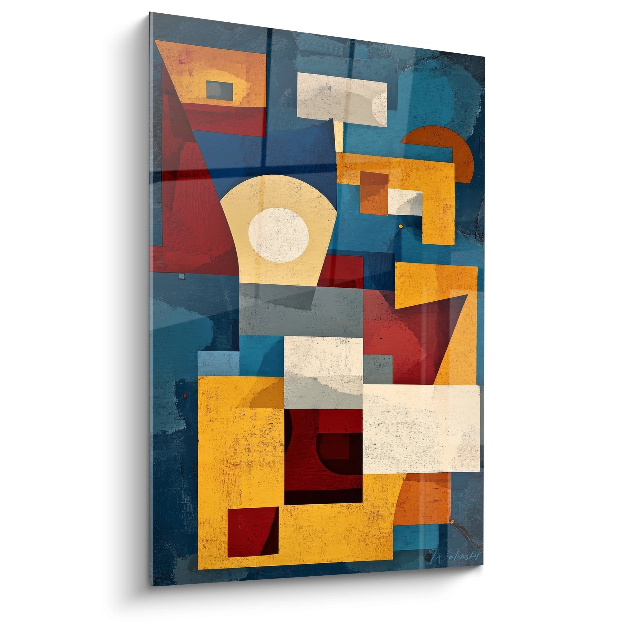 Tableau géométrique abstrait moderne aux formes colorées orange bleu jaune pour décoration murale