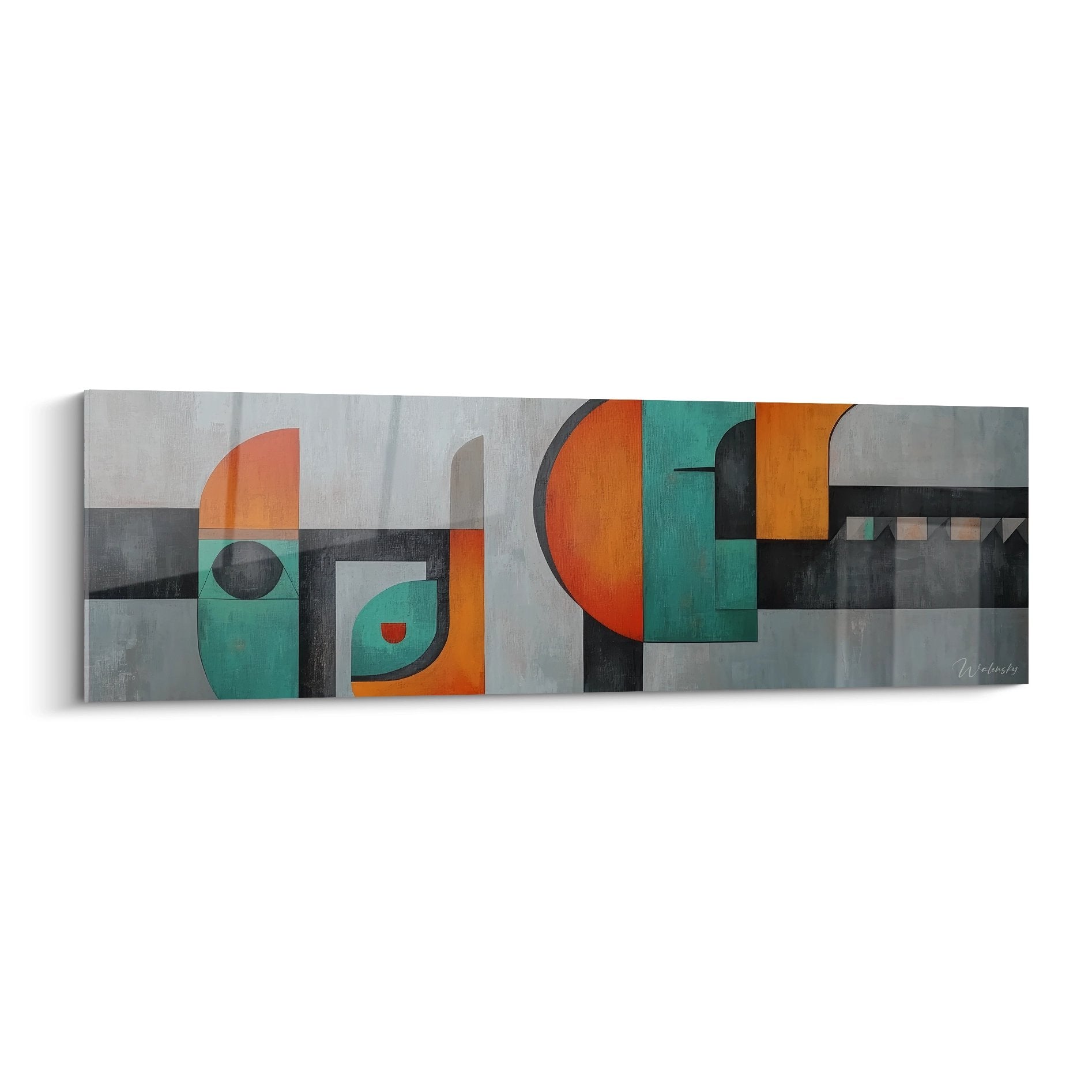 Tableau mural géométrique abstrait moderne avec formes colorées orange turquoise sur fond gris