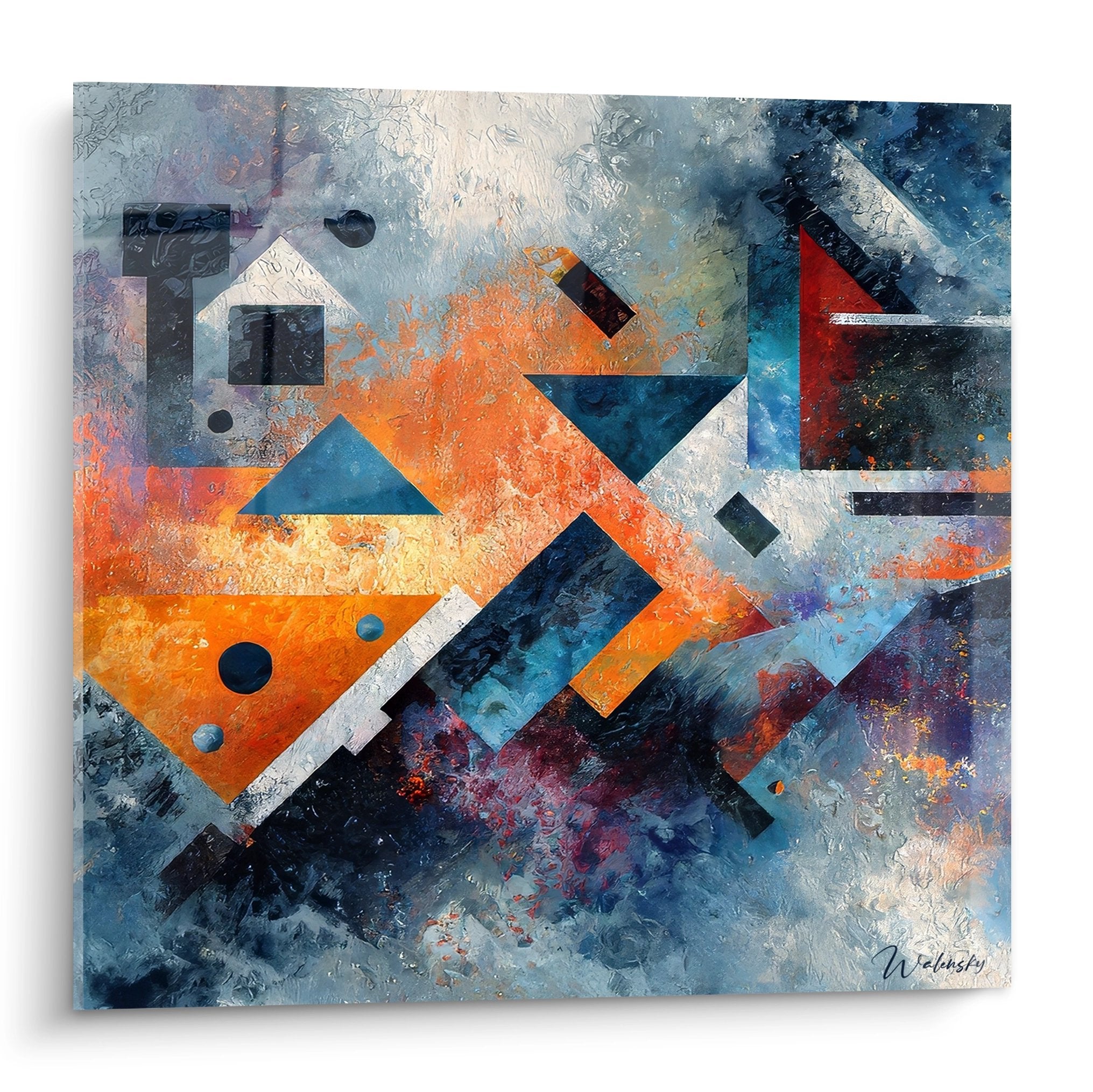 Tableau géométrique abstrait aux formes colorées orange et bleues, composition dynamique moderne