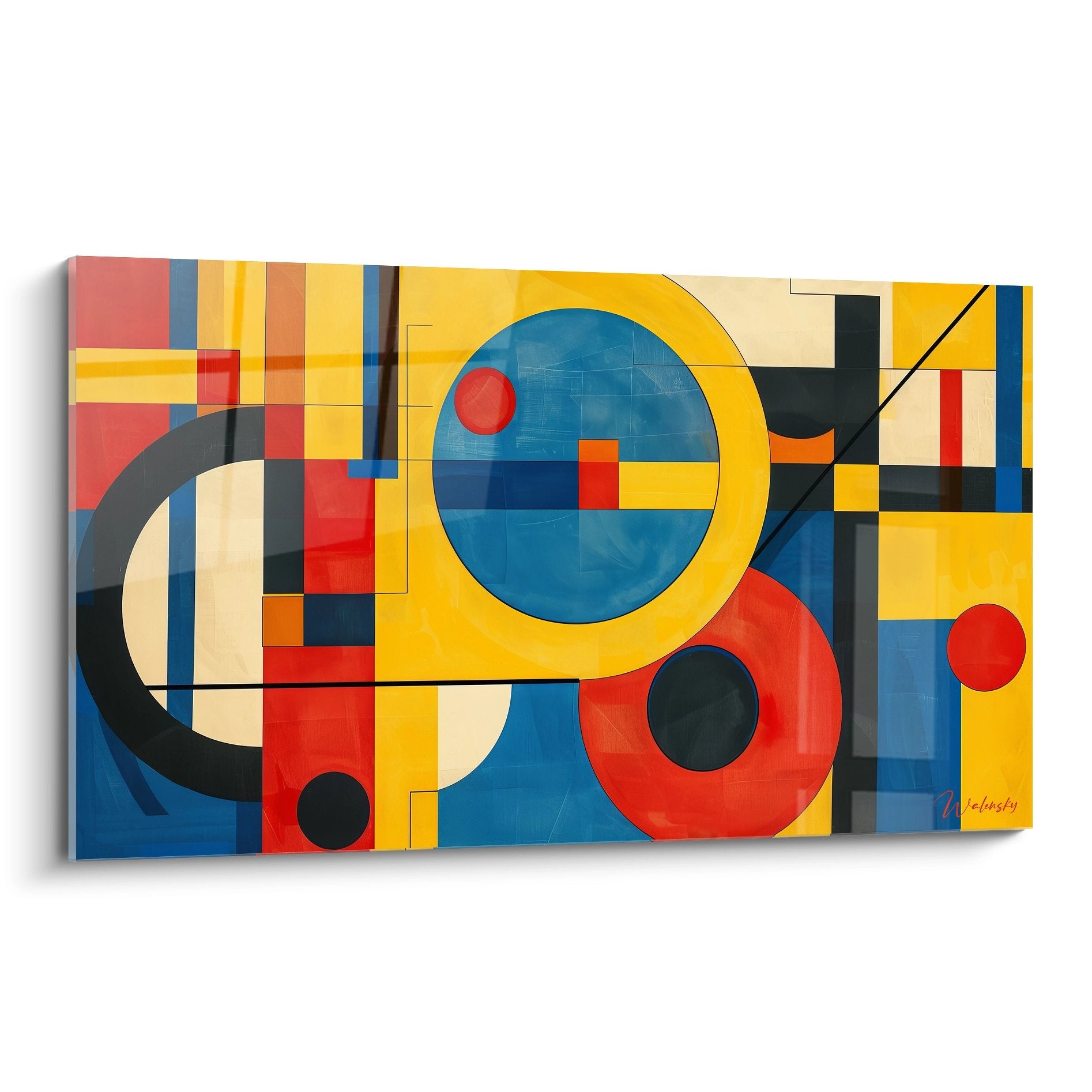 Tableau mural géométrique abstrait avec cercles colorés et rectangles sur fond multicolore moderne