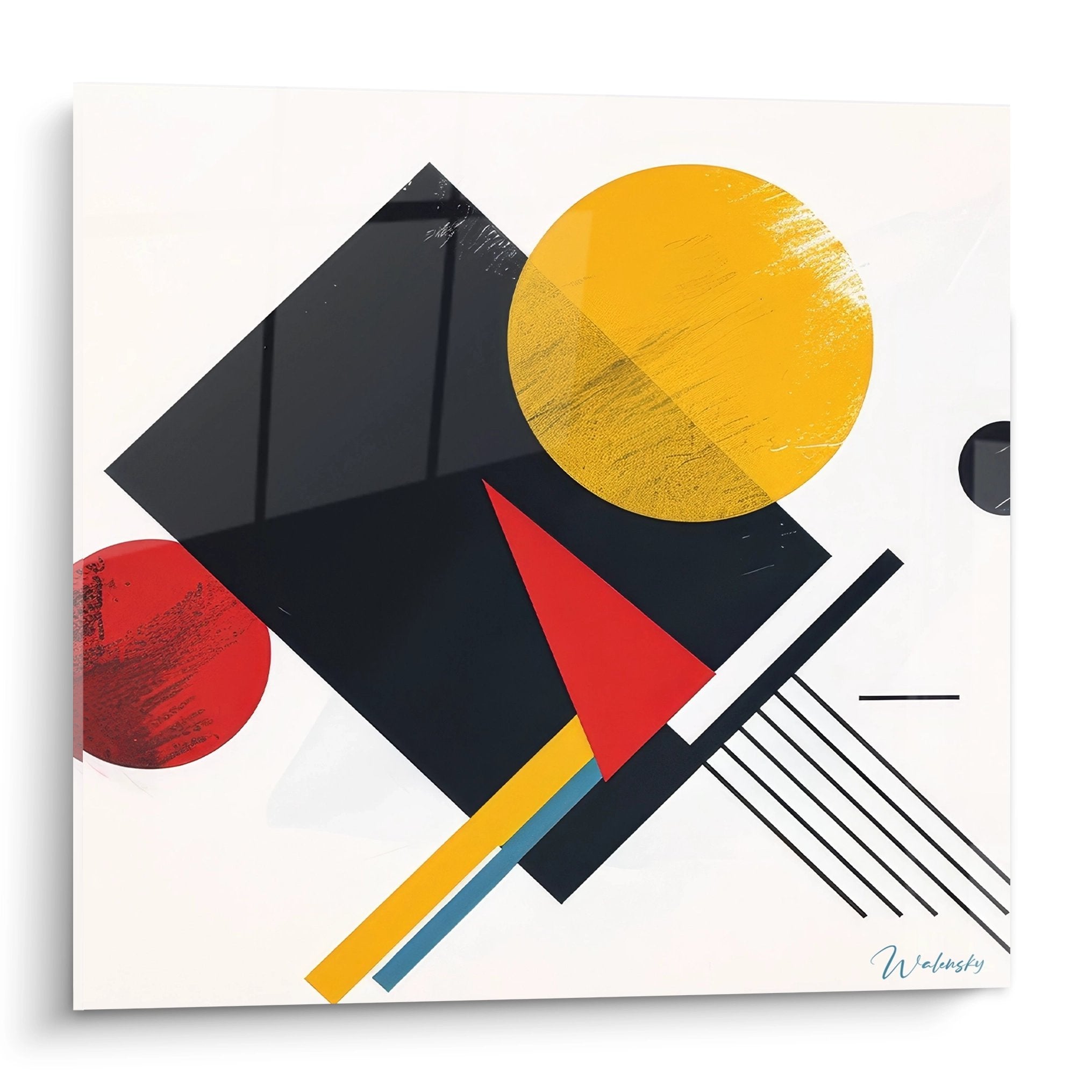 Tableau géométrique abstrait avec formes colorées jaune rouge noir sur fond blanc - art moderne