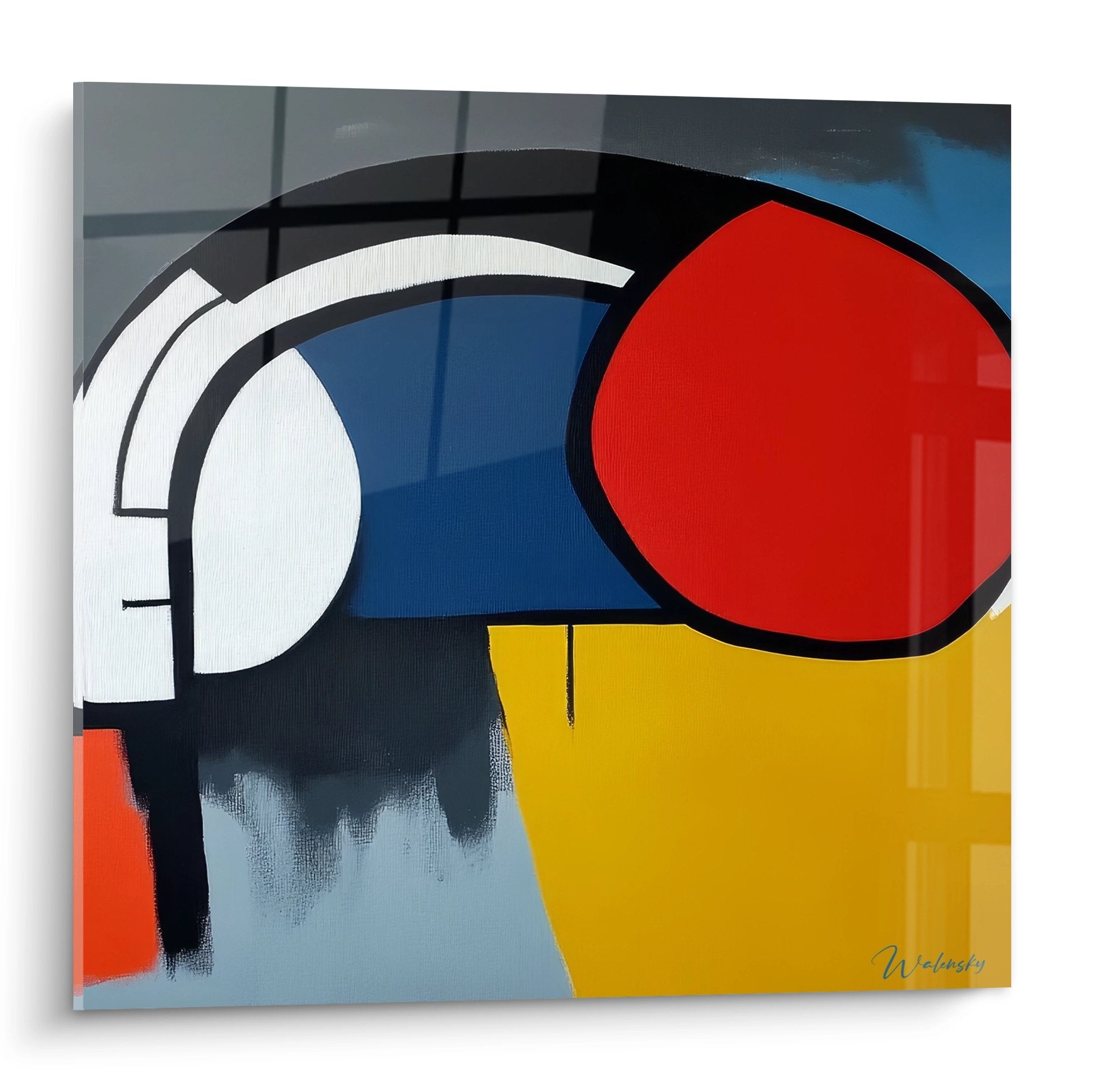 Tableau mural géométrique abstrait aux formes colorées rouge blanc jaune bleu pour décoration moderne