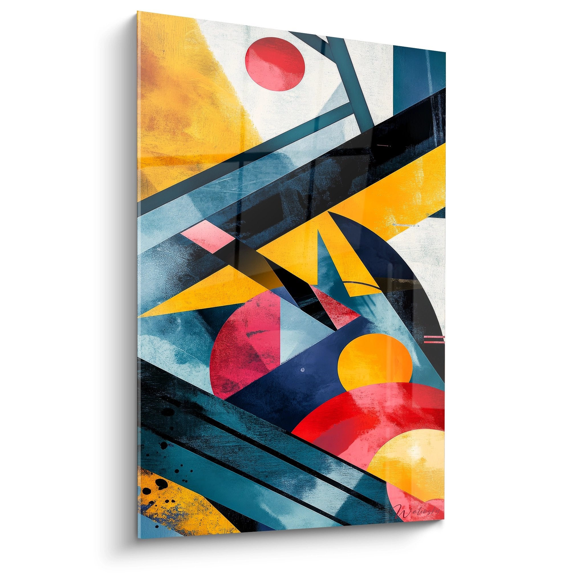 Tableau mural géométrique abstrait avec formes colorées, cercles et triangles sur fond moderne