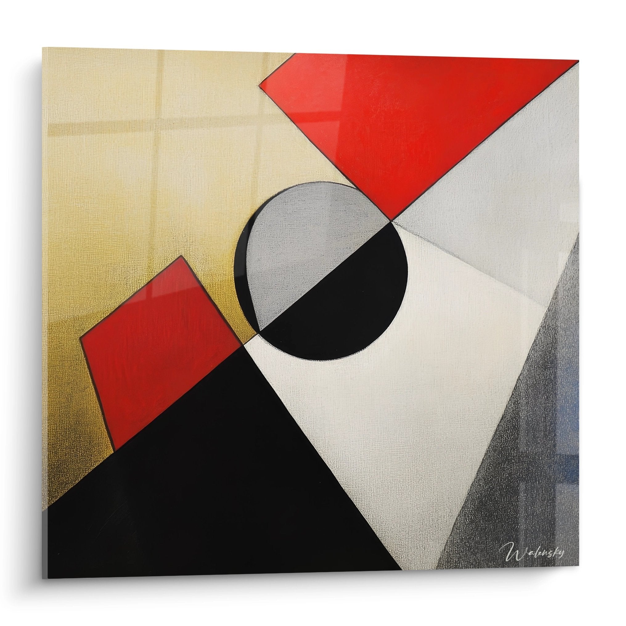 Tableau géométrique abstrait avec triangle rouge, cercle noir-gris et formes colorées modernes