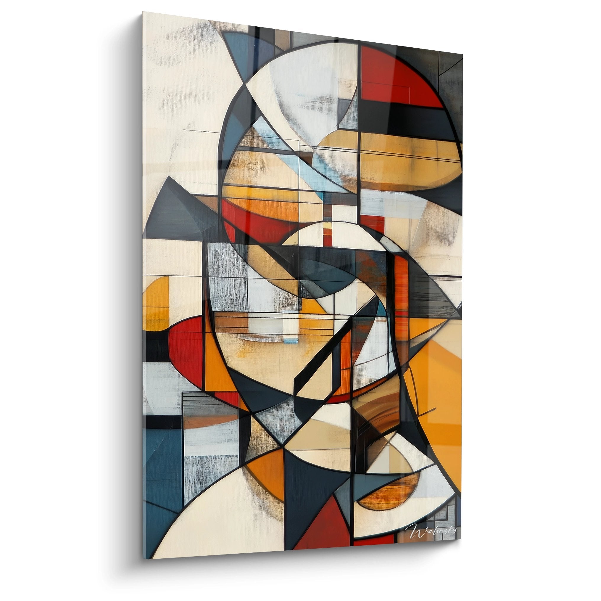 Tableau géométrique abstrait aux formes entrelacées colorées, art mural moderne pour décoration contemporaine