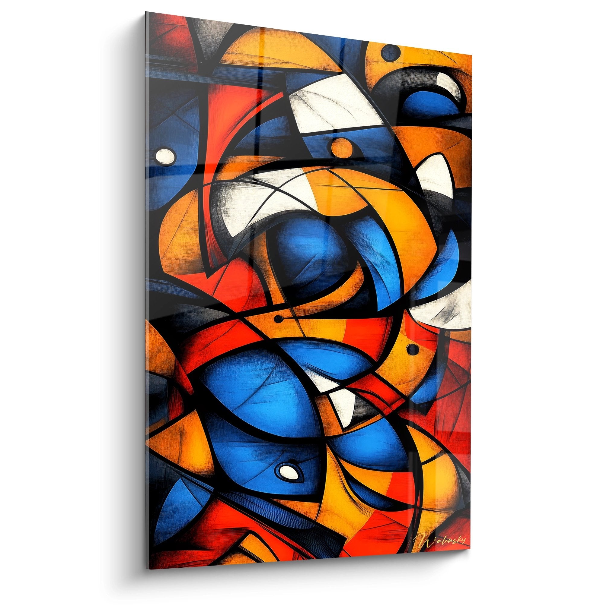 Tableau géométrique abstrait formes entrelacées colorées bleu orange rouge décoration murale moderne