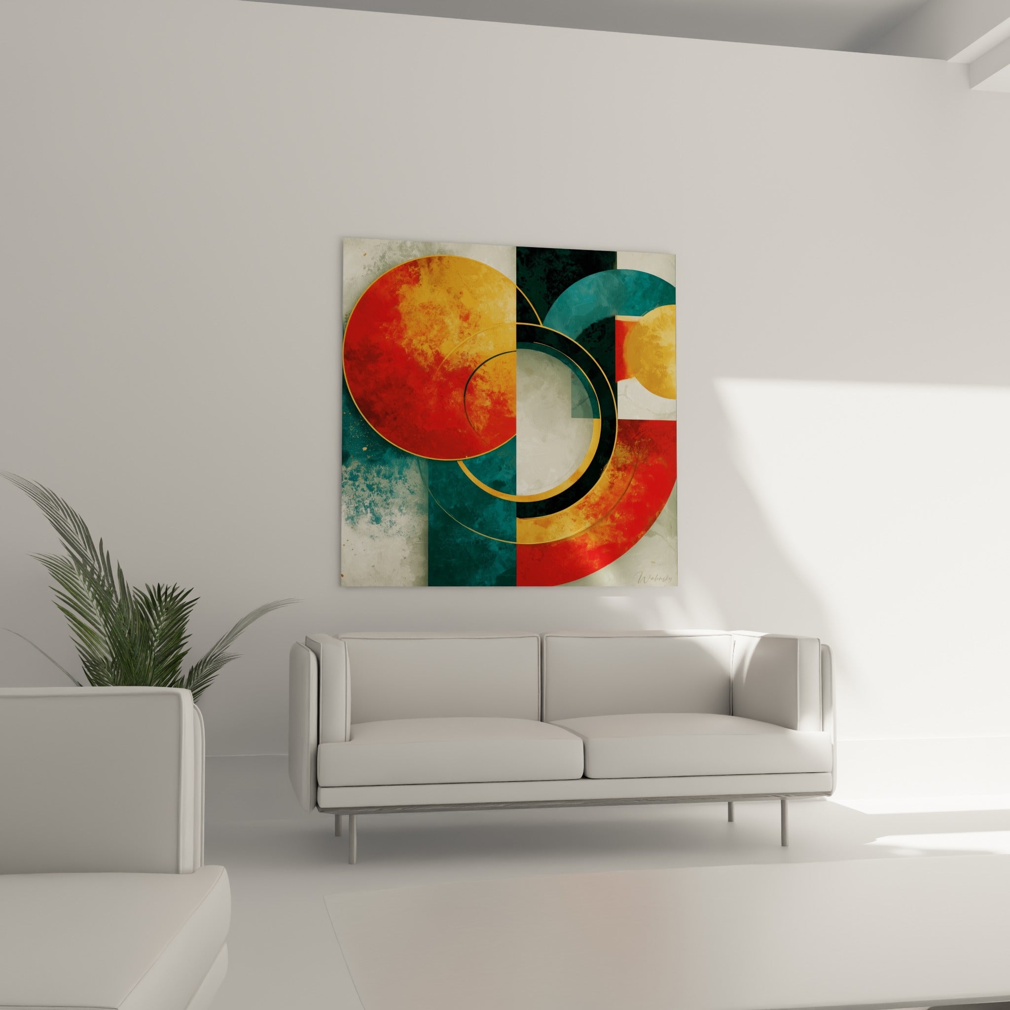 Formes circulaires ocre et sarcelle de ce tableau géométrique abstrait, placées au-dessus d'un canapé dans un salon lumineux