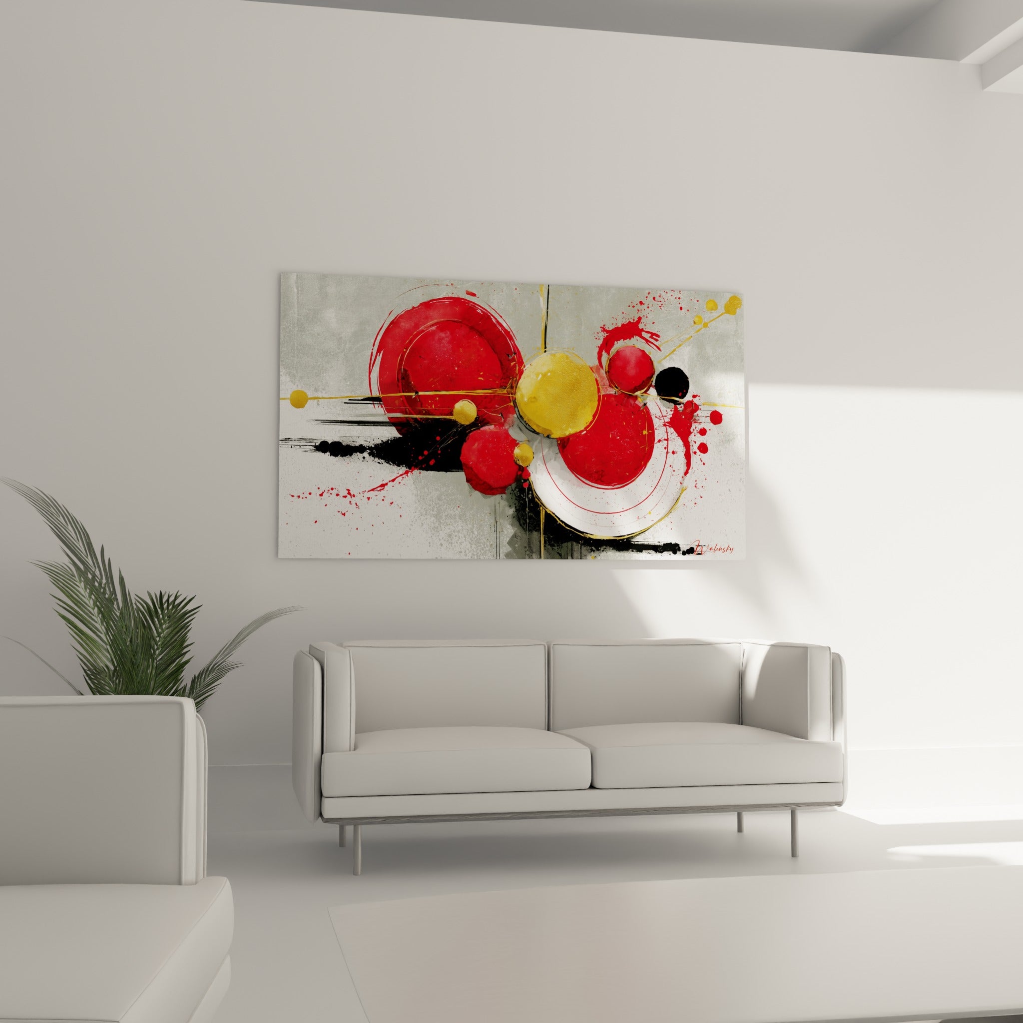 Formes rondes rouge vif et or au-dessus d'un canapé dans un salon lumineux