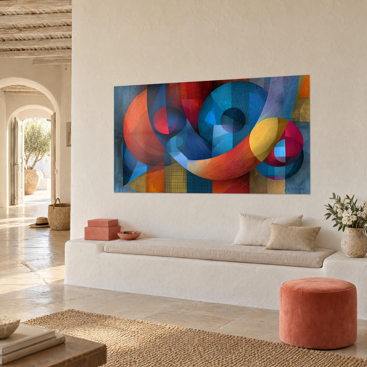 Quadro con arabesco geometrico di dischi turchese e nastro corallo, tocchi giallo zafferano, appeso sopra una panca bianca arrotondata