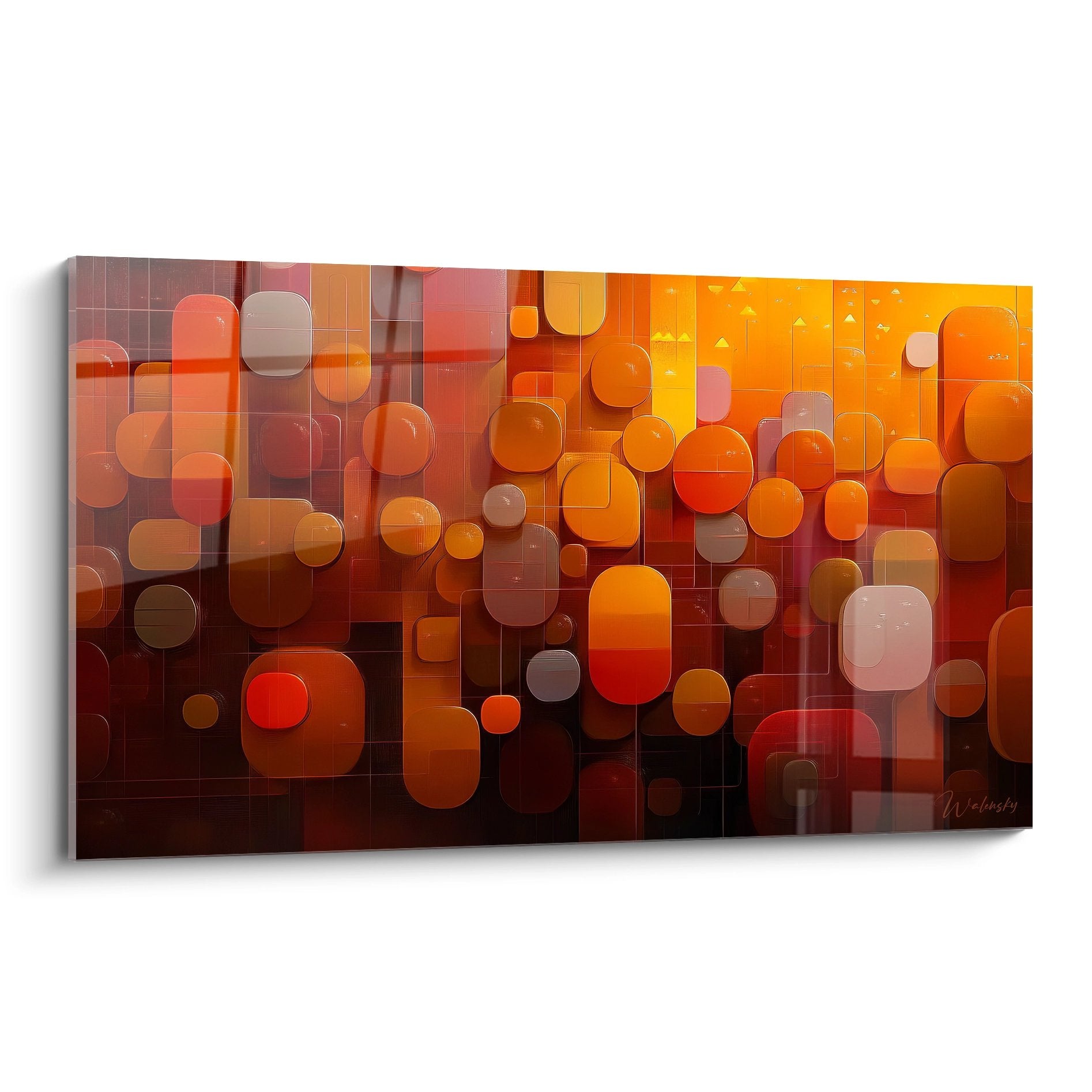 Tableau géométrique abstrait formes translucides orangées art mural moderne décoratif