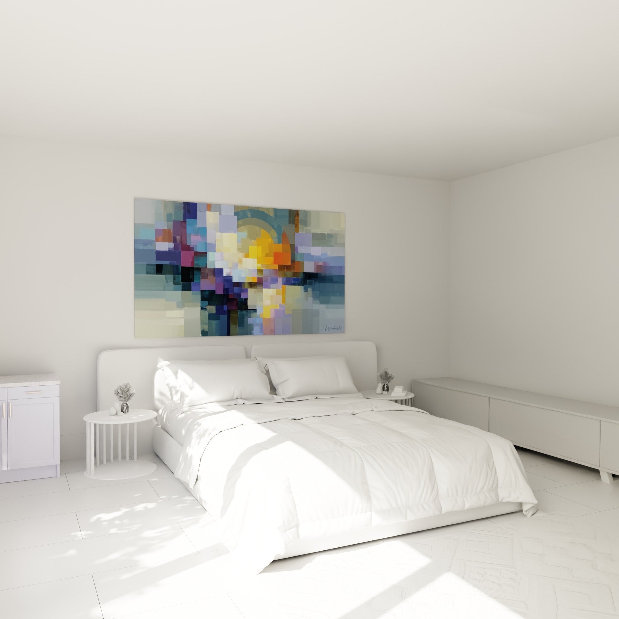 Fragments bleu ardoise et jaune doré composent ce tableau géométrique abstrait, au-dessus d'un lit dans une chambre claire