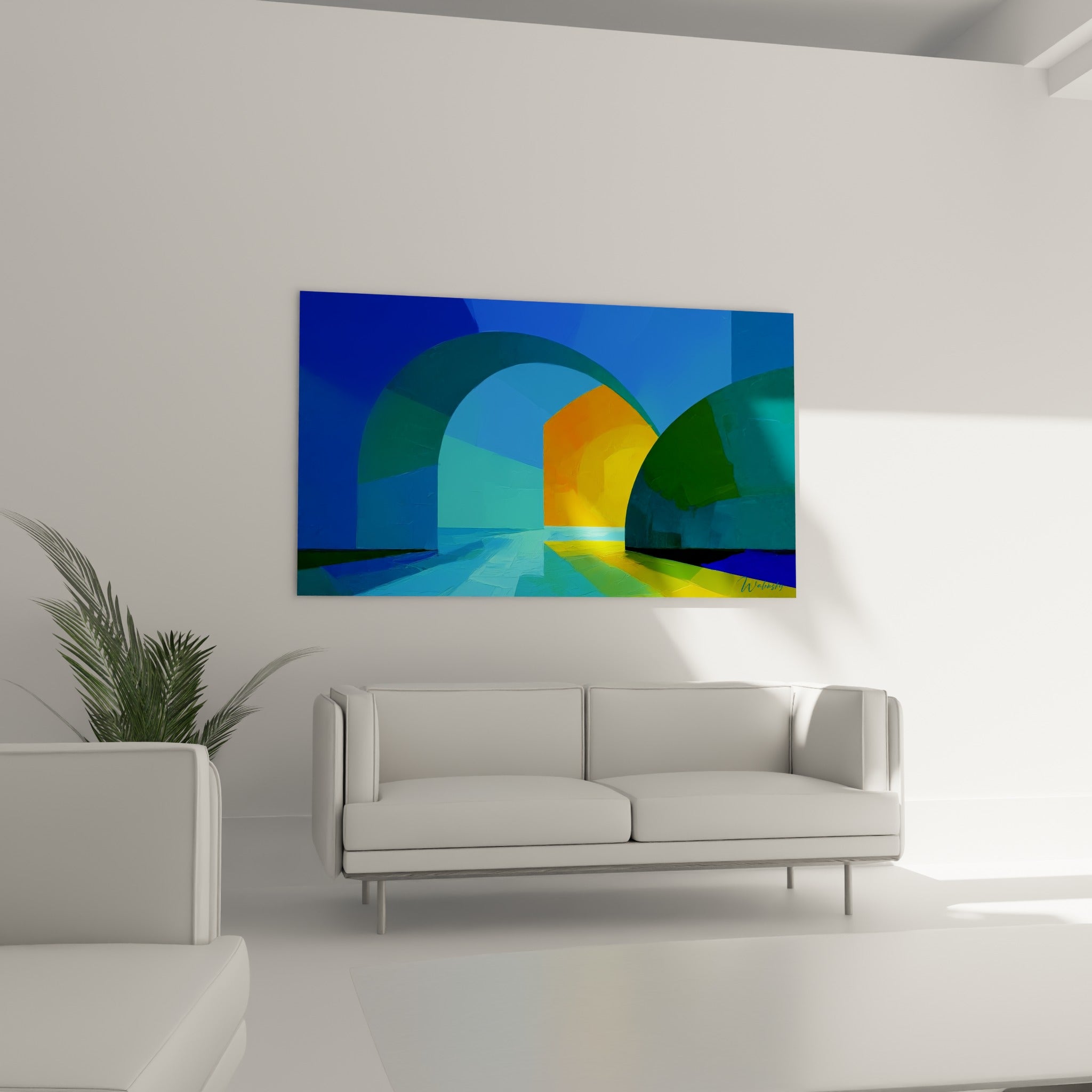 Perspective turquoise et jaune du tableau géometrique abstrait, accroché au-dessus d'un canapé dans un salon lumineux