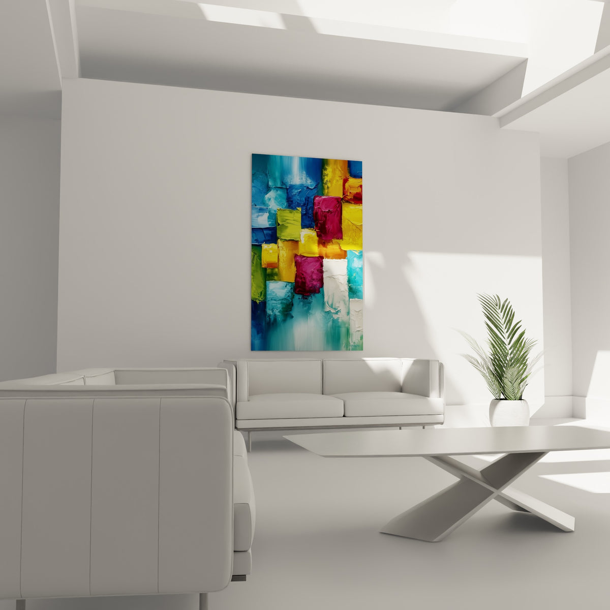 Mosaïque colorée en jaune ocre et vert olive suspendue au-dessus d'un canapé dans un salon lumineux